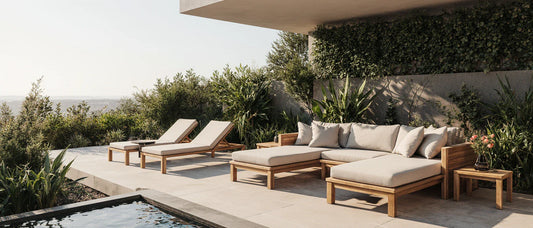 Juego de muebles para exterior en terraza moderna con sofá, camastros y mesa auxiliar en madera teca y ratán sintético