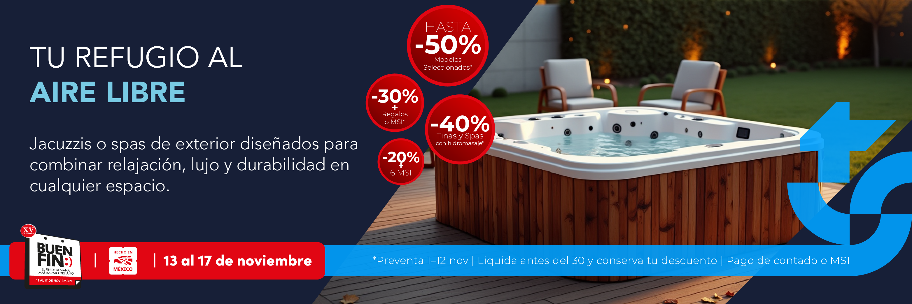 Spas y jacuzzis exteriores e interiores con hidromasaje profesional. Buen Fin 2025 TotalSpa.
