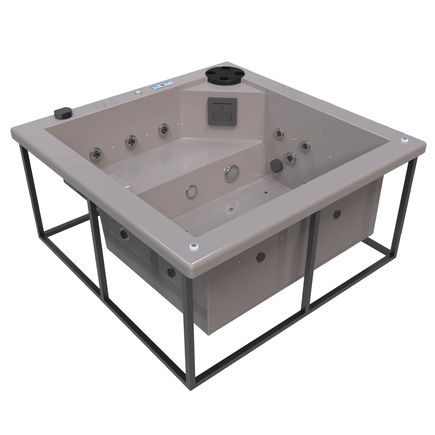 jacuzzi spa FIJI para 2 adultos, gabinete estructura metalica con acrílico color arena; spa exterior compacto ideal para patios, terrazas, rooftops o espacios reducidos de lujo
