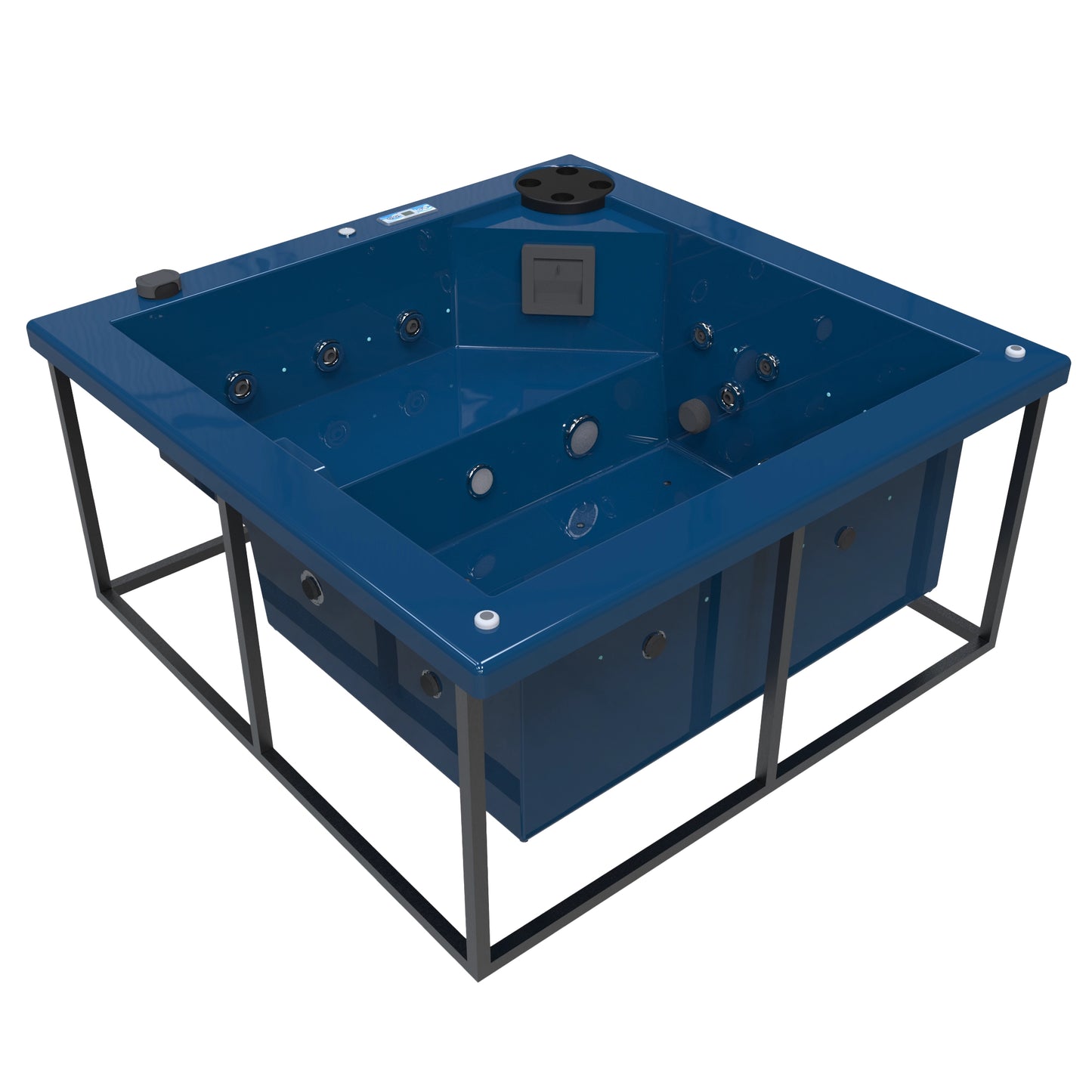 jacuzzi spa FIJI para 2 adultos, gabinete estructura metalica con acrílico color azul adriatico; spa exterior compacto ideal para patios, terrazas, rooftops o espacios reducidos de lujo