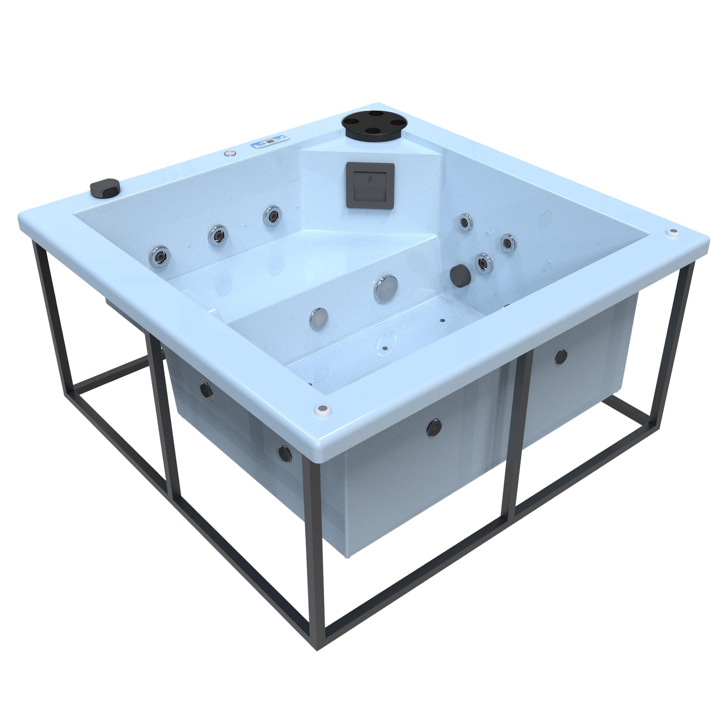 jacuzzi spa FIJI para 2 adultos, gabinete estructura metalica con acrílico color azul claro; spa exterior compacto ideal para patios, terrazas, rooftops o espacios reducidos de lujo