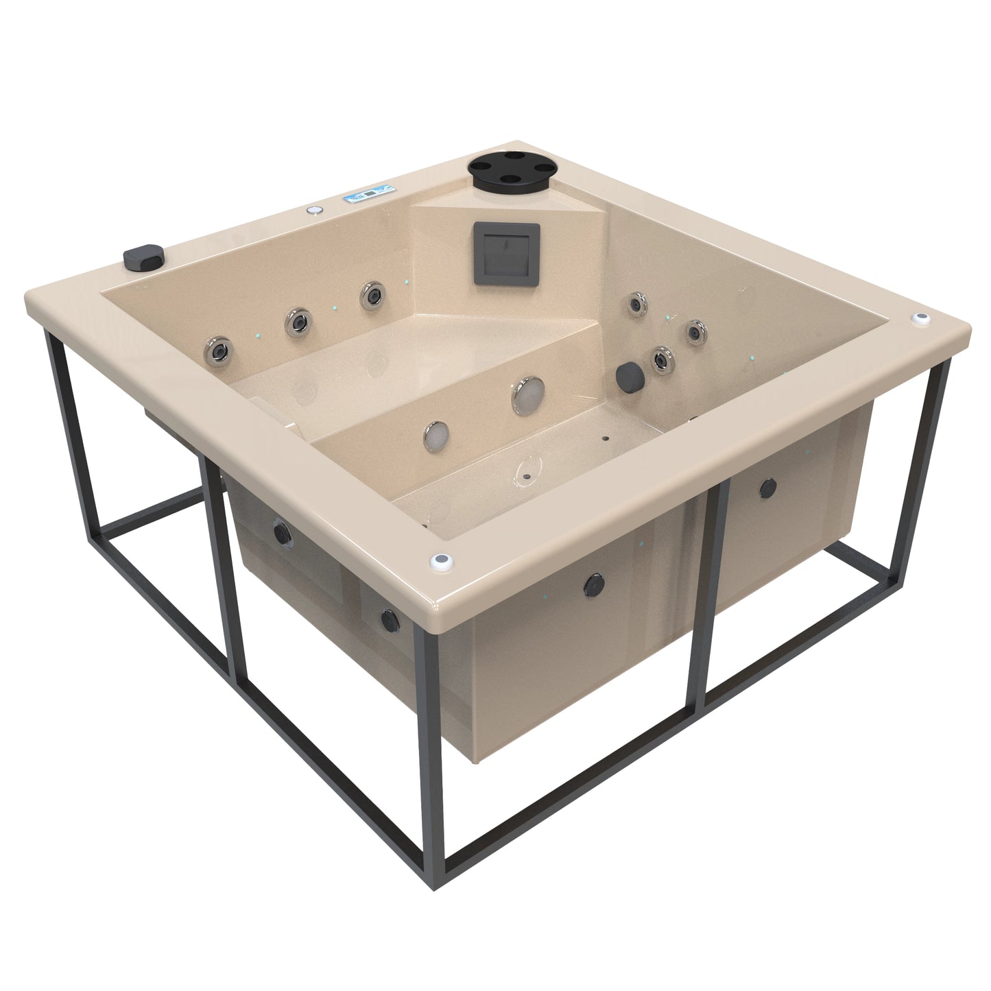 jacuzzi spa FIJI para 2 adultos, gabinete estructura metalica con acrílico color beige; spa exterior compacto ideal para patios, terrazas, rooftops o espacios reducidos de lujo