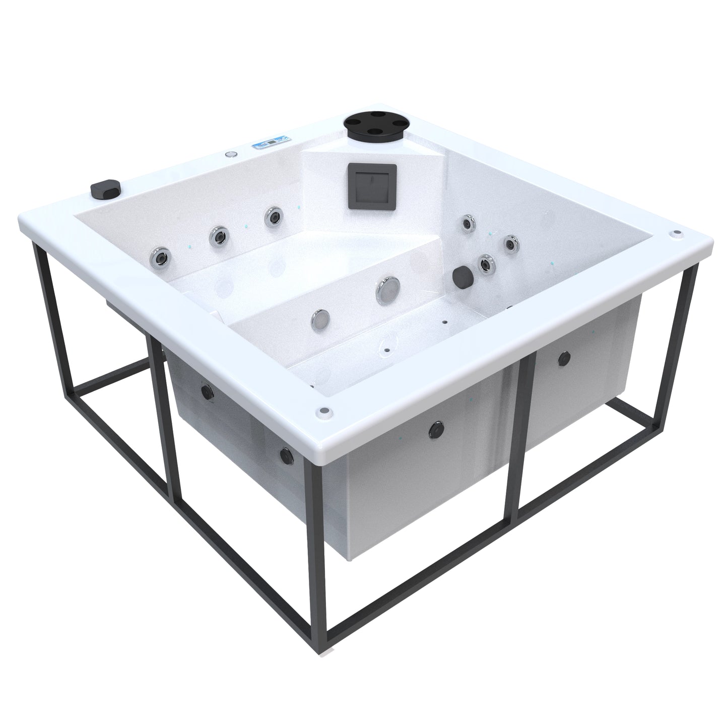 jacuzzi spa FIJI para 2 adultos, gabinete estructura metalica con acrílico color blanco; spa exterior compacto ideal para patios, terrazas, rooftops o espacios reducidos de lujo