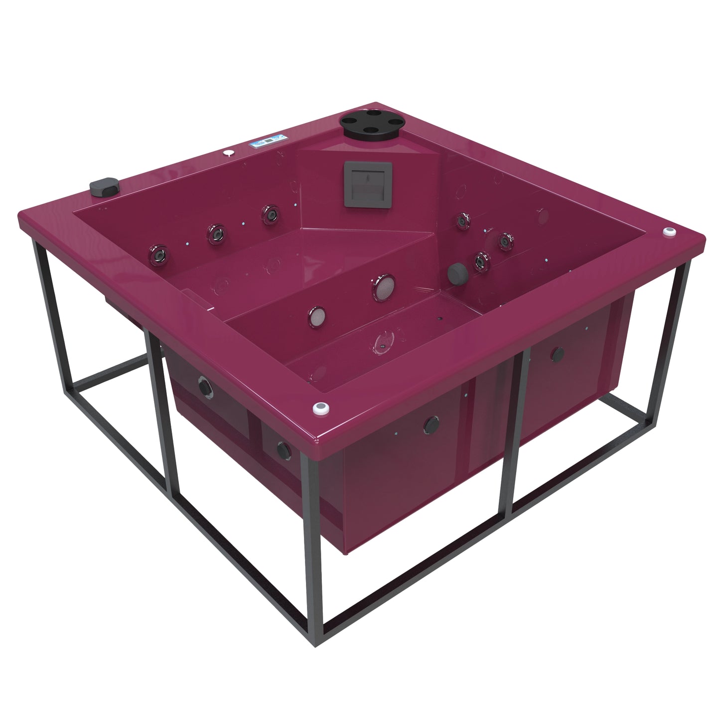 jacuzzi spa FIJI para 2 adultos, gabinete estructura metalica con acrílico color coral; spa exterior compacto ideal para patios, terrazas, rooftops o espacios reducidos de lujo