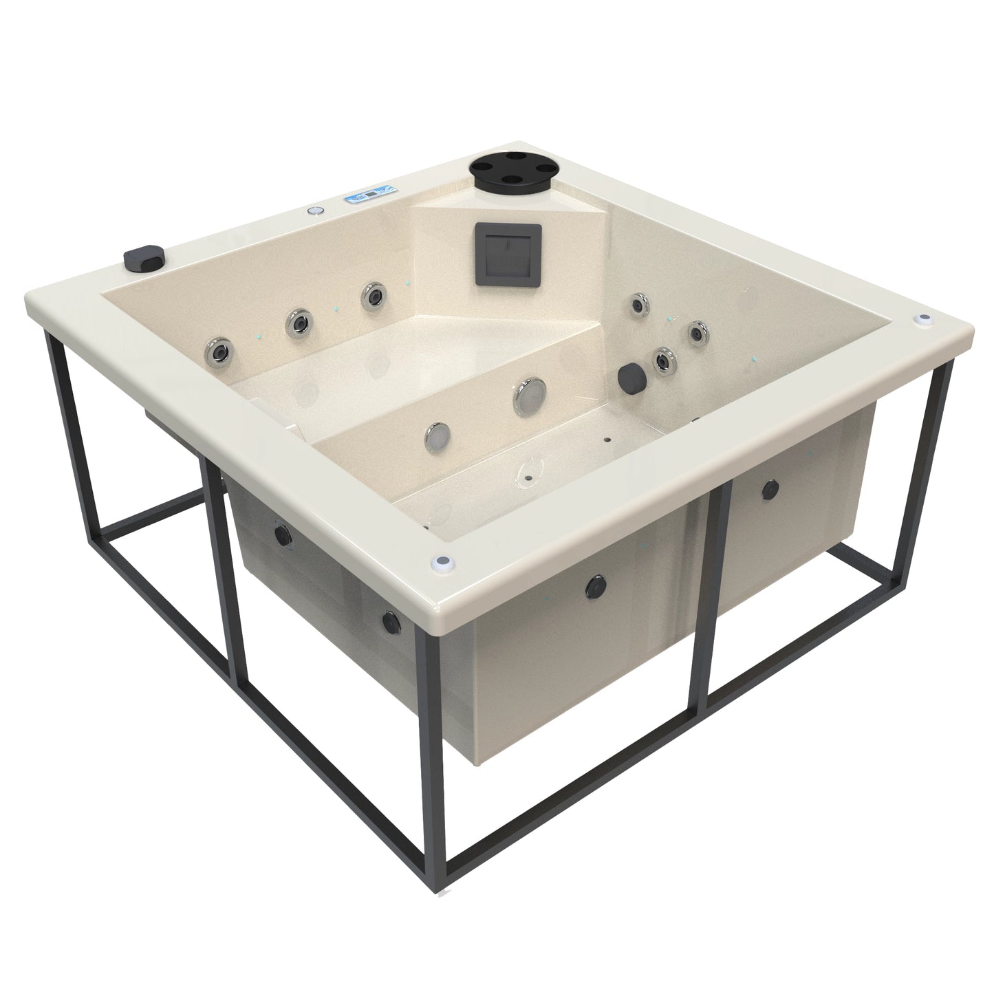 jacuzzi spa FIJI para 2 adultos, gabinete estructura metalica con acrílico color hueso; spa exterior compacto ideal para patios, terrazas, rooftops o espacios reducidos de lujo