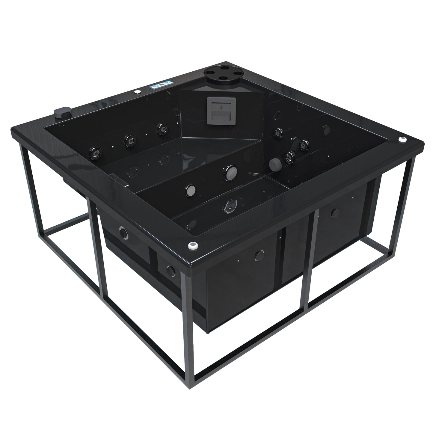 jacuzzi spa FIJI para 2 adultos, gabinete estructura metalica con acrílico color negro; spa exterior compacto ideal para patios, terrazas, rooftops o espacios reducidos de lujo