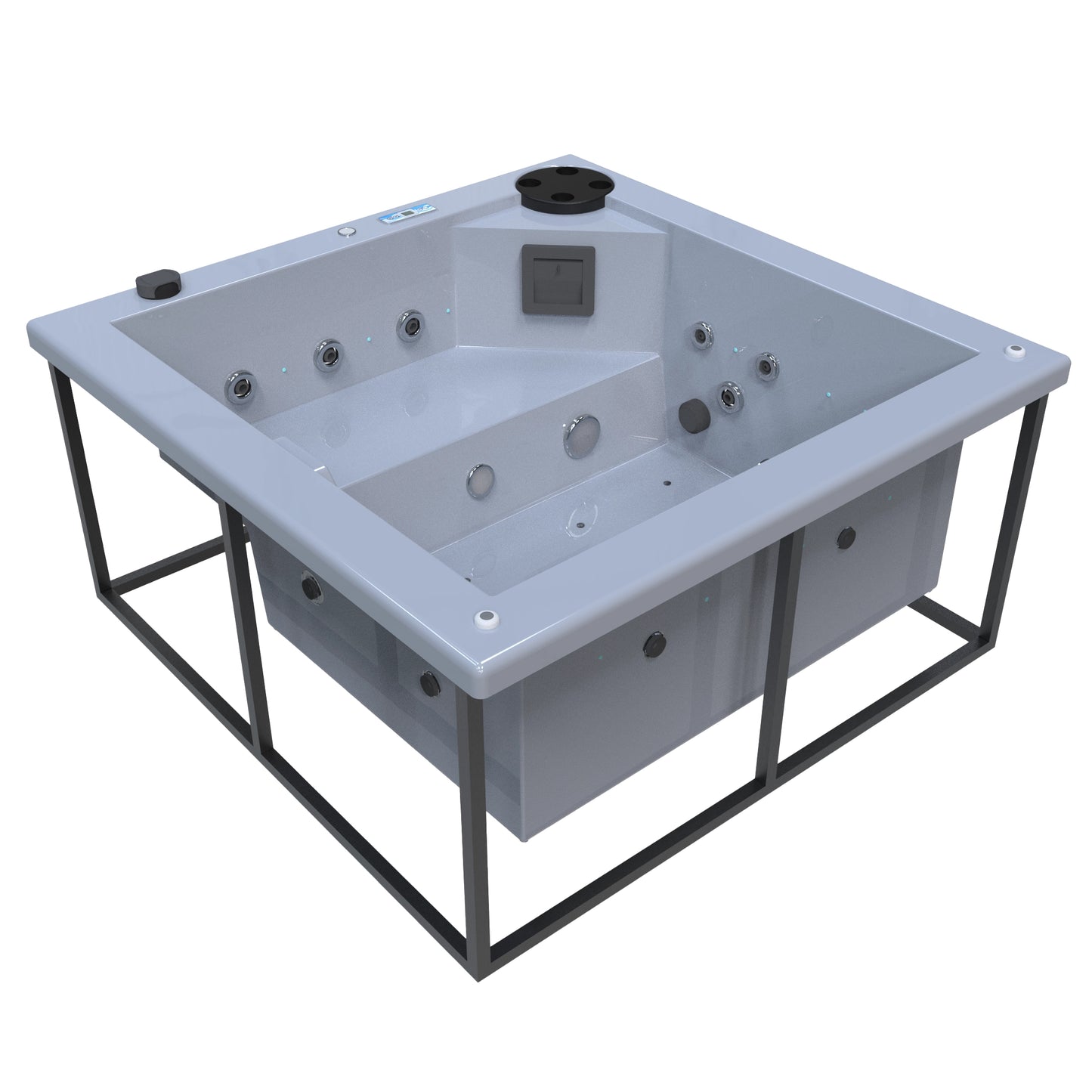 jacuzzi spa FIJI para 2 adultos, gabinete estructura metalica con acrílico color platino; spa exterior compacto ideal para patios, terrazas, rooftops o espacios reducidos de lujo