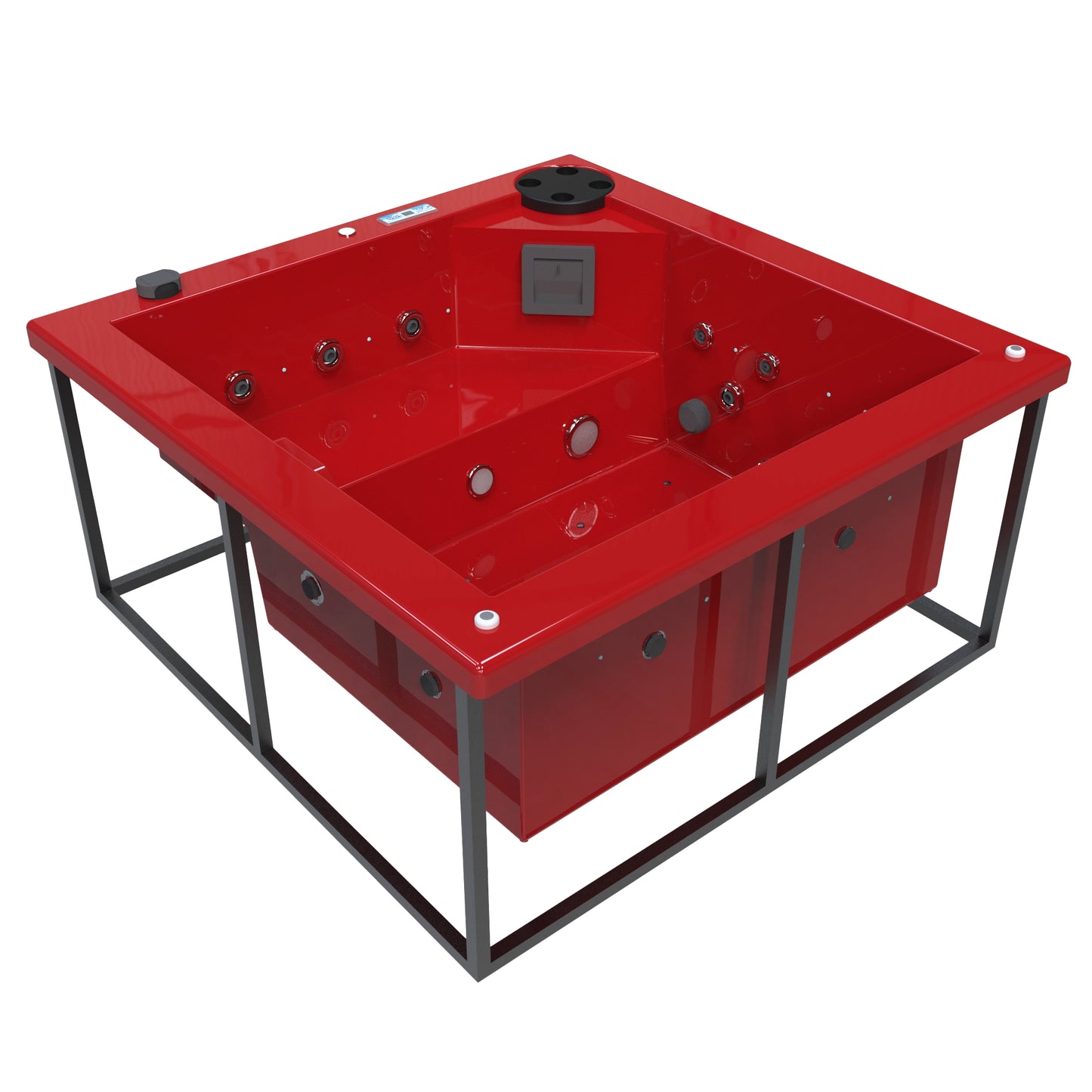 jacuzzi spa FIJI para 2 adultos, gabinete estructura metalica con acrílico color rojo cereza; spa exterior compacto ideal para patios, terrazas, rooftops o espacios reducidos de lujo