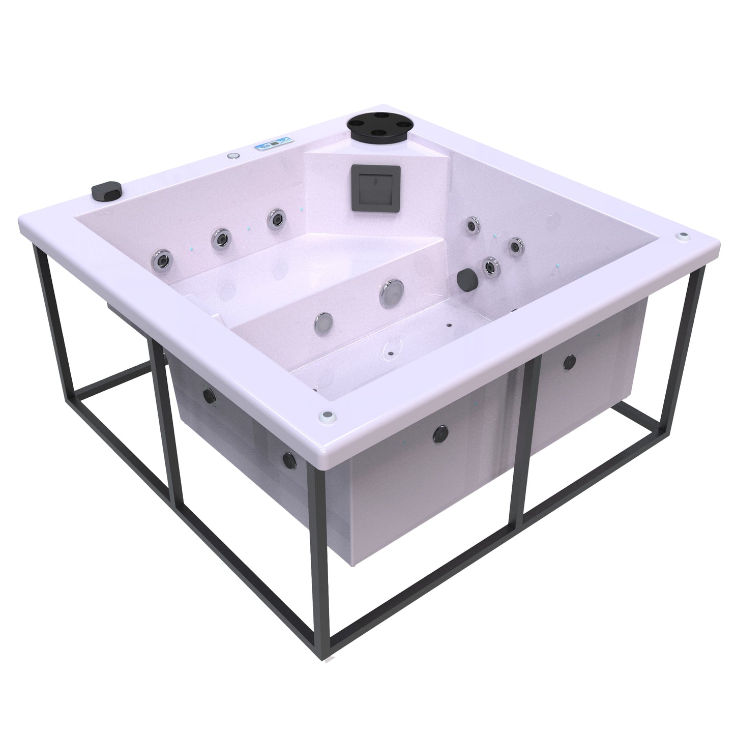 jacuzzi spa FIJI para 2 adultos, gabinete estructura metalica con acrílico color rosa claro; spa exterior compacto ideal para patios, terrazas, rooftops o espacios reducidos de lujo