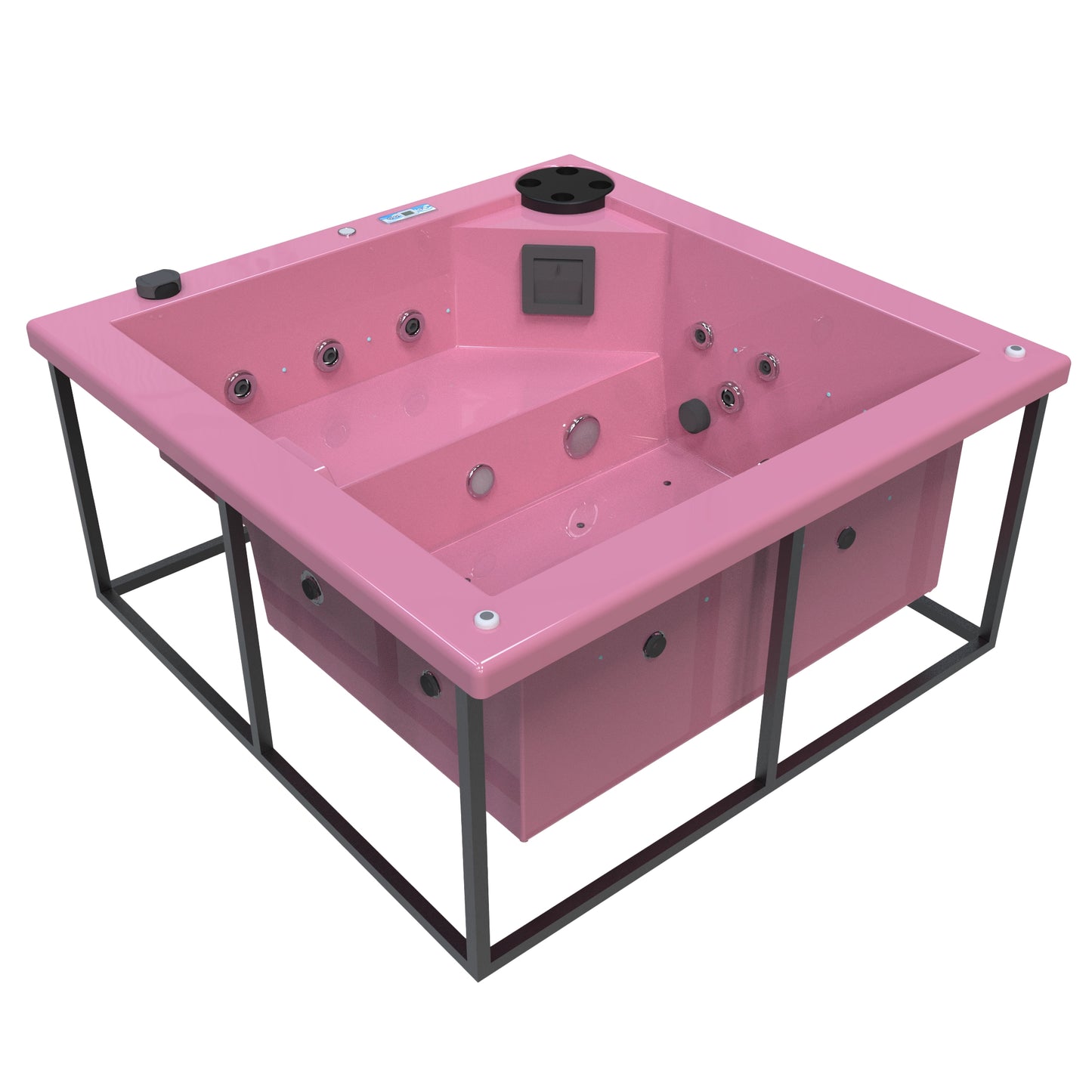 jacuzzi spa FIJI para 2 adultos, gabinete estructura metalica con acrílico color rosa fresa; spa exterior compacto ideal para patios, terrazas, rooftops o espacios reducidos de lujo