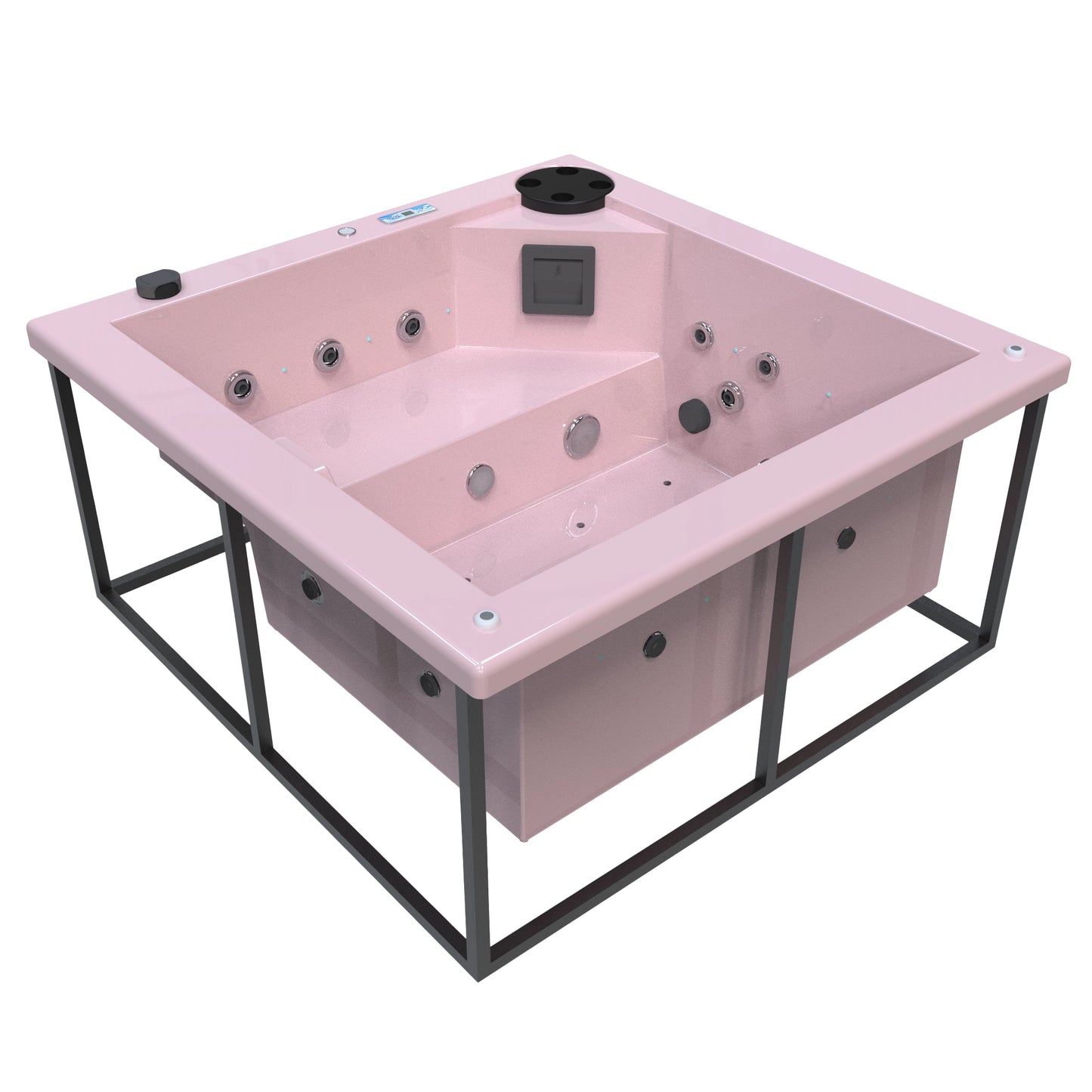 jacuzzi spa FIJI para 2 adultos, gabinete estructura metalica con acrílico color rosa fuerte; spa exterior compacto ideal para patios, terrazas, rooftops o espacios reducidos de lujo