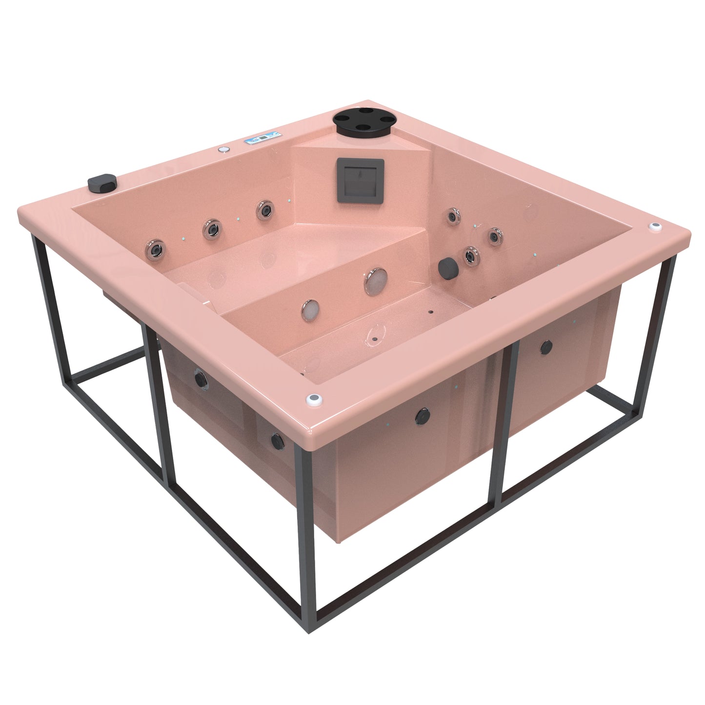 jacuzzi spa FIJI para 2 adultos, gabinete estructura metalica con acrílico color salmon; spa exterior compacto ideal para patios, terrazas, rooftops o espacios reducidos de lujo