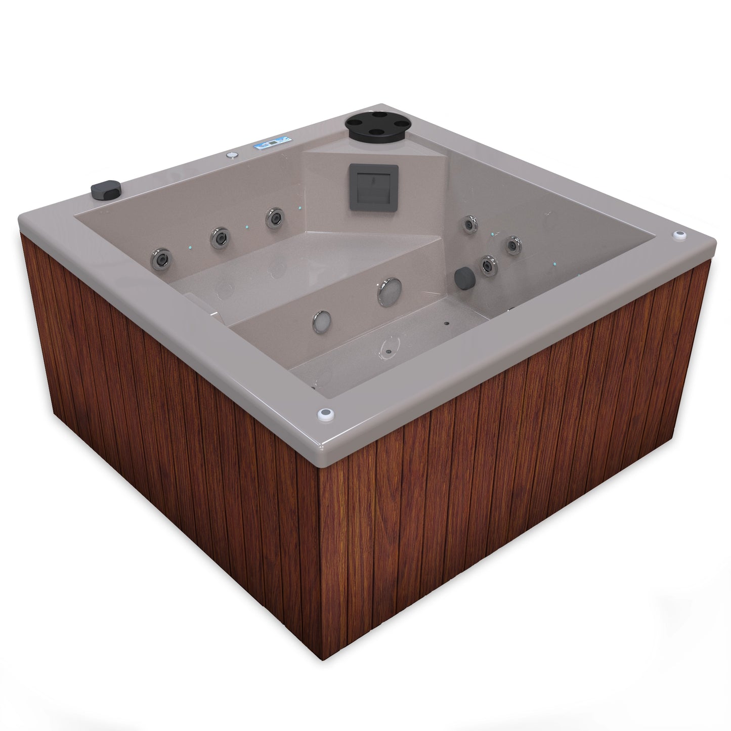 jacuzzi spa FIJI para 2 adultos, gabinete madera sintética cafe claro con acrílico color arena; spa exterior compacto ideal para patios, terrazas, rooftops o espacios reducidos de lujo