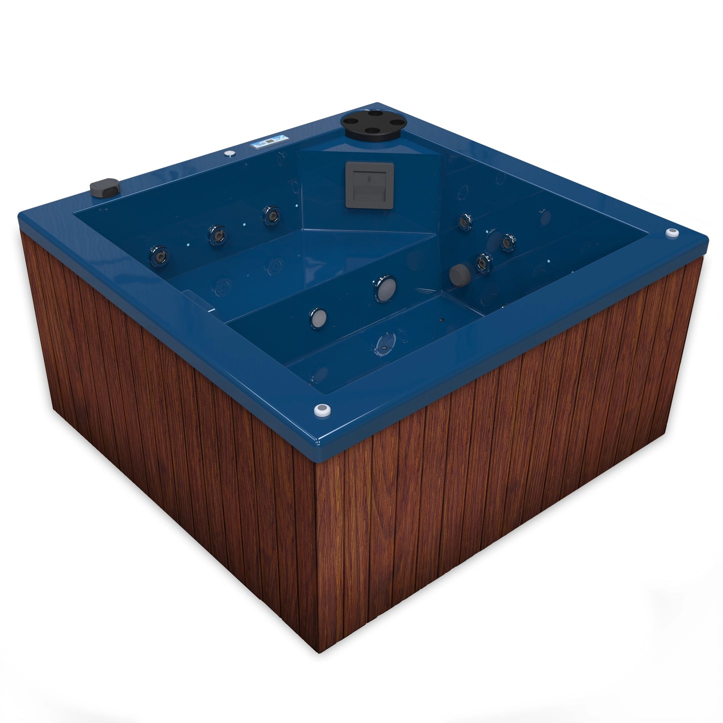 jacuzzi spa FIJI para 2 adultos, gabinete madera sintética cafe claro con acrílico color azul adriatico; spa exterior compacto ideal para patios, terrazas, rooftops o espacios reducidos de lujo