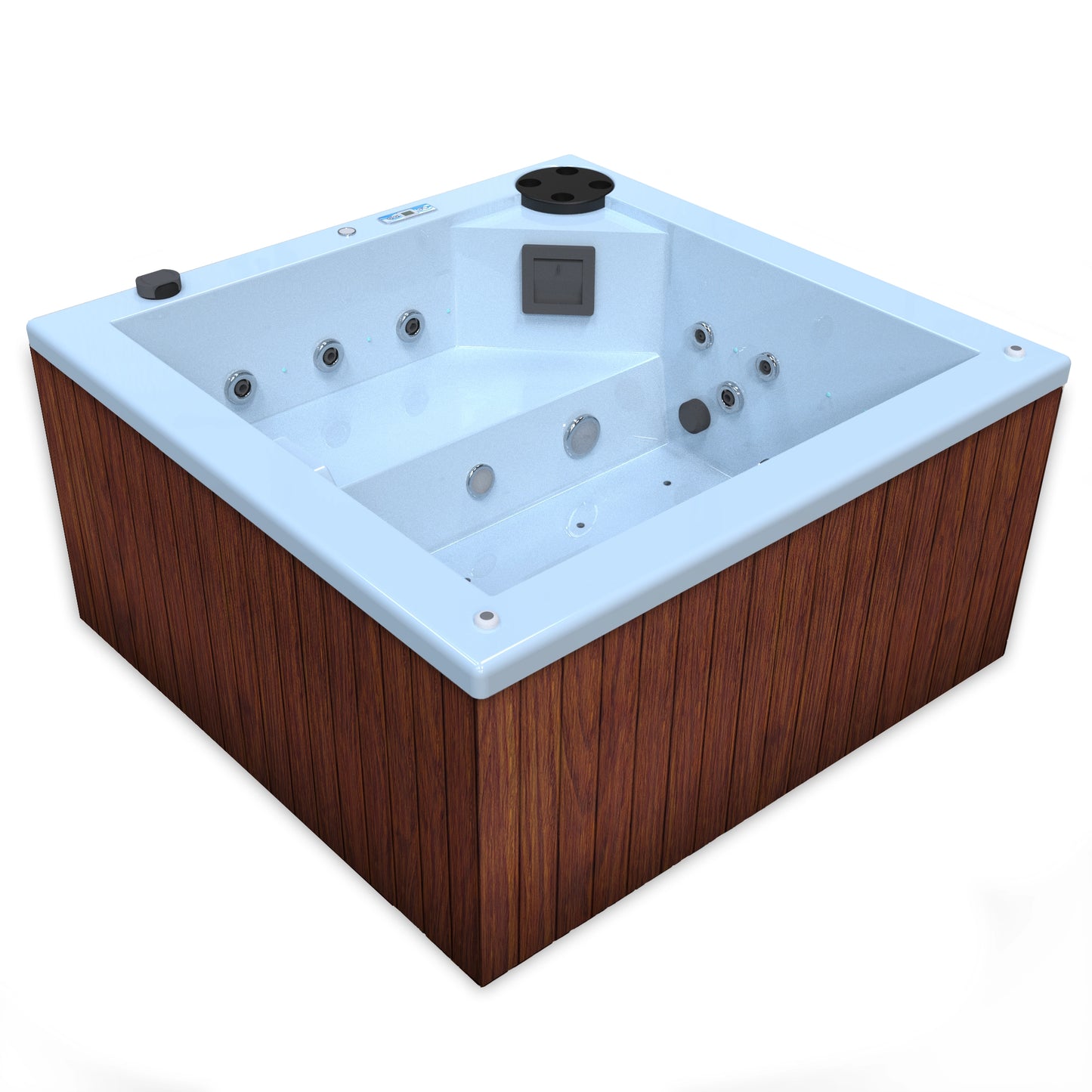 jacuzzi spa FIJI para 2 adultos, gabinete madera sintética cafe claro con acrílico color azul claro; spa exterior compacto ideal para patios, terrazas, rooftops o espacios reducidos de lujo