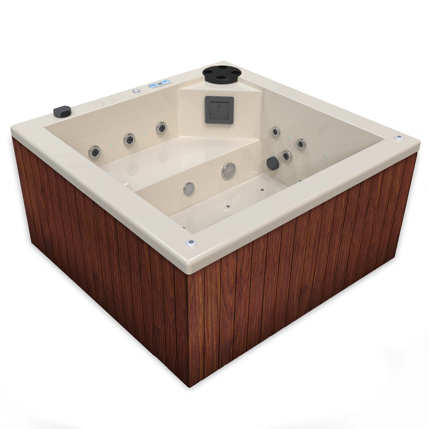 jacuzzi spa FIJI para 2 adultos, gabinete madera sintética cafe claro con acrílico color beige nuevo; spa exterior compacto ideal para patios, terrazas, rooftops o espacios reducidos de lujo