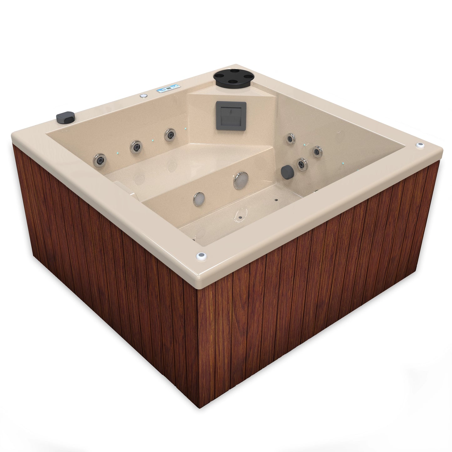 jacuzzi spa FIJI para 2 adultos, gabinete madera sintética cafe claro con acrílico color beige; spa exterior compacto ideal para patios, terrazas, rooftops o espacios reducidos de lujo