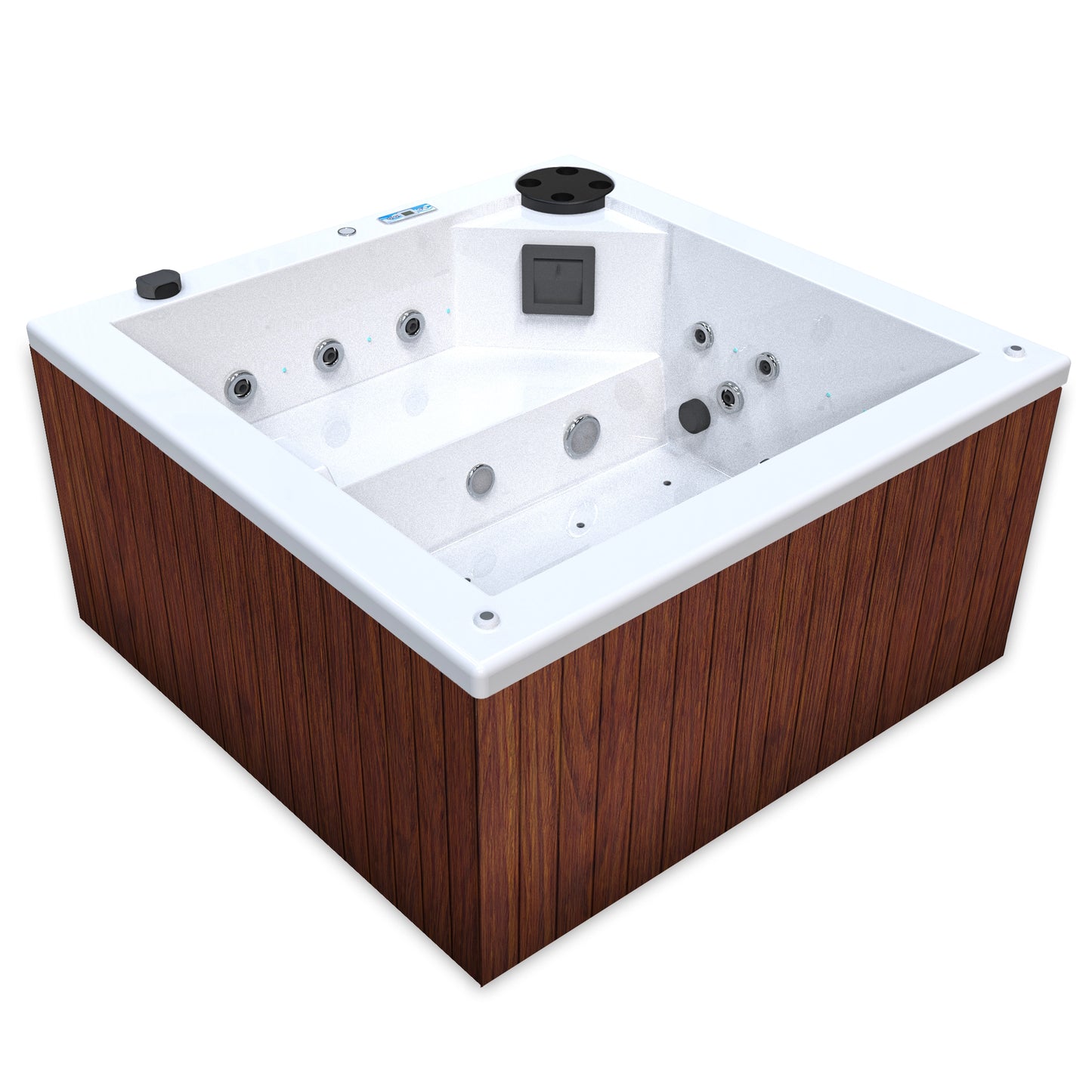 jacuzzi spa FIJI para 2 adultos, gabinete madera sintética cafe claro con acrílico color blanco; spa exterior compacto ideal para patios, terrazas, rooftops o espacios reducidos de lujo