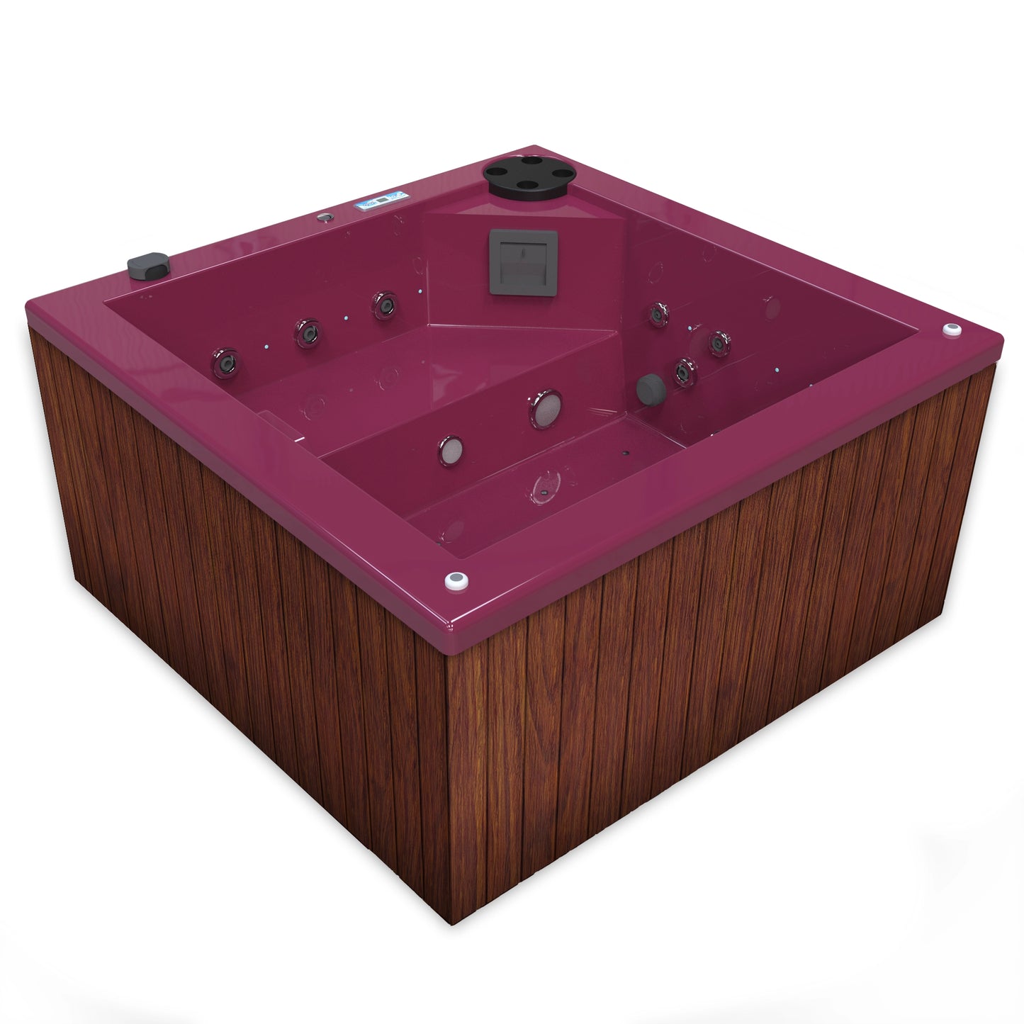 jacuzzi spa FIJI para 2 adultos, gabinete madera sintética cafe claro con acrílico color coral; spa exterior compacto ideal para patios, terrazas, rooftops o espacios reducidos de lujo