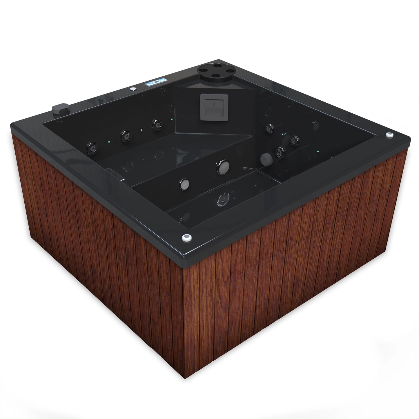 jacuzzi spa FIJI para 2 adultos, gabinete madera sintética cafe claro con acrílico color negro; spa exterior compacto ideal para patios, terrazas, rooftops o espacios reducidos de lujo