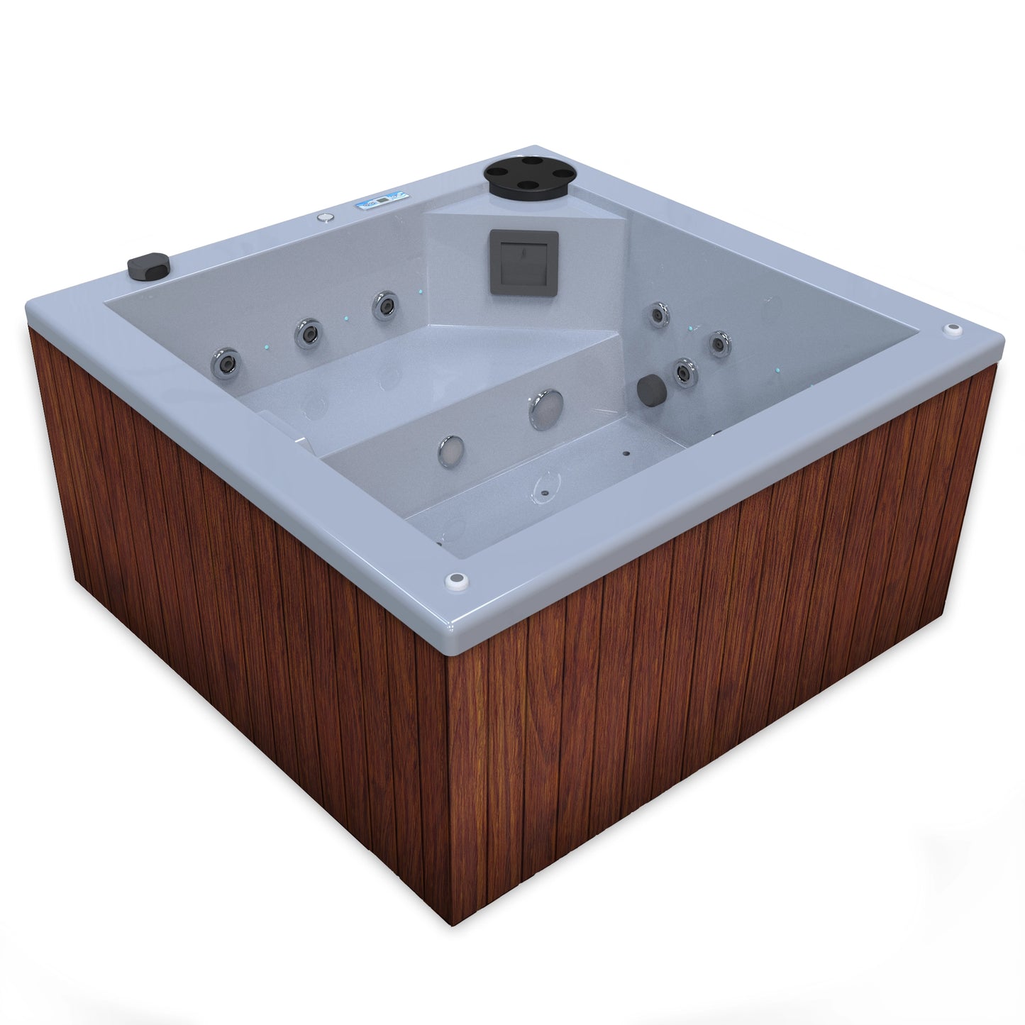jacuzzi spa FIJI para 2 adultos, gabinete madera sintética cafe claro con acrílico color platino; spa exterior compacto ideal para patios, terrazas, rooftops o espacios reducidos de lujo