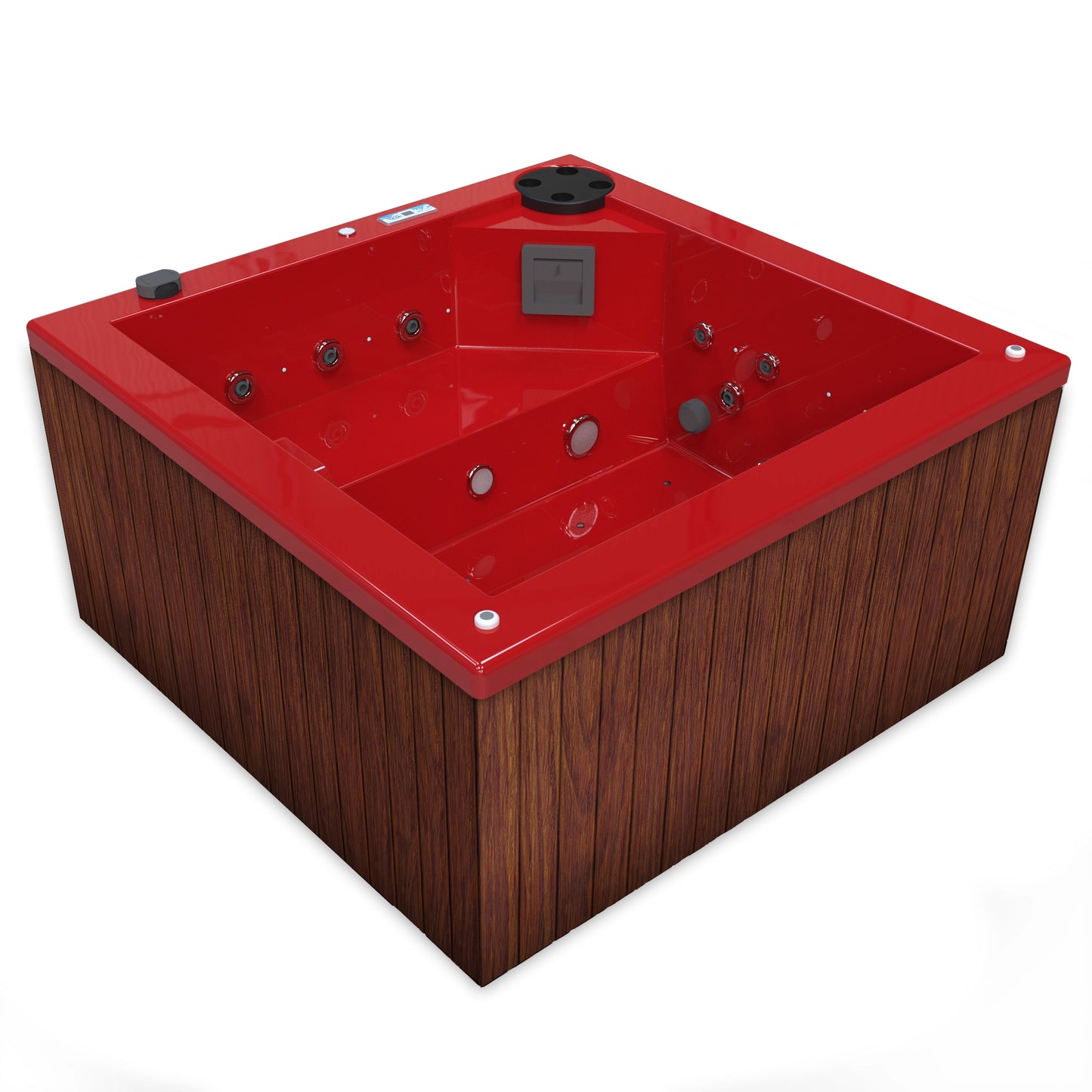 jacuzzi spa FIJI para 2 adultos, gabinete madera sintética cafe claro con acrílico color rojo cereza; spa exterior compacto ideal para patios, terrazas, rooftops o espacios reducidos de lujo