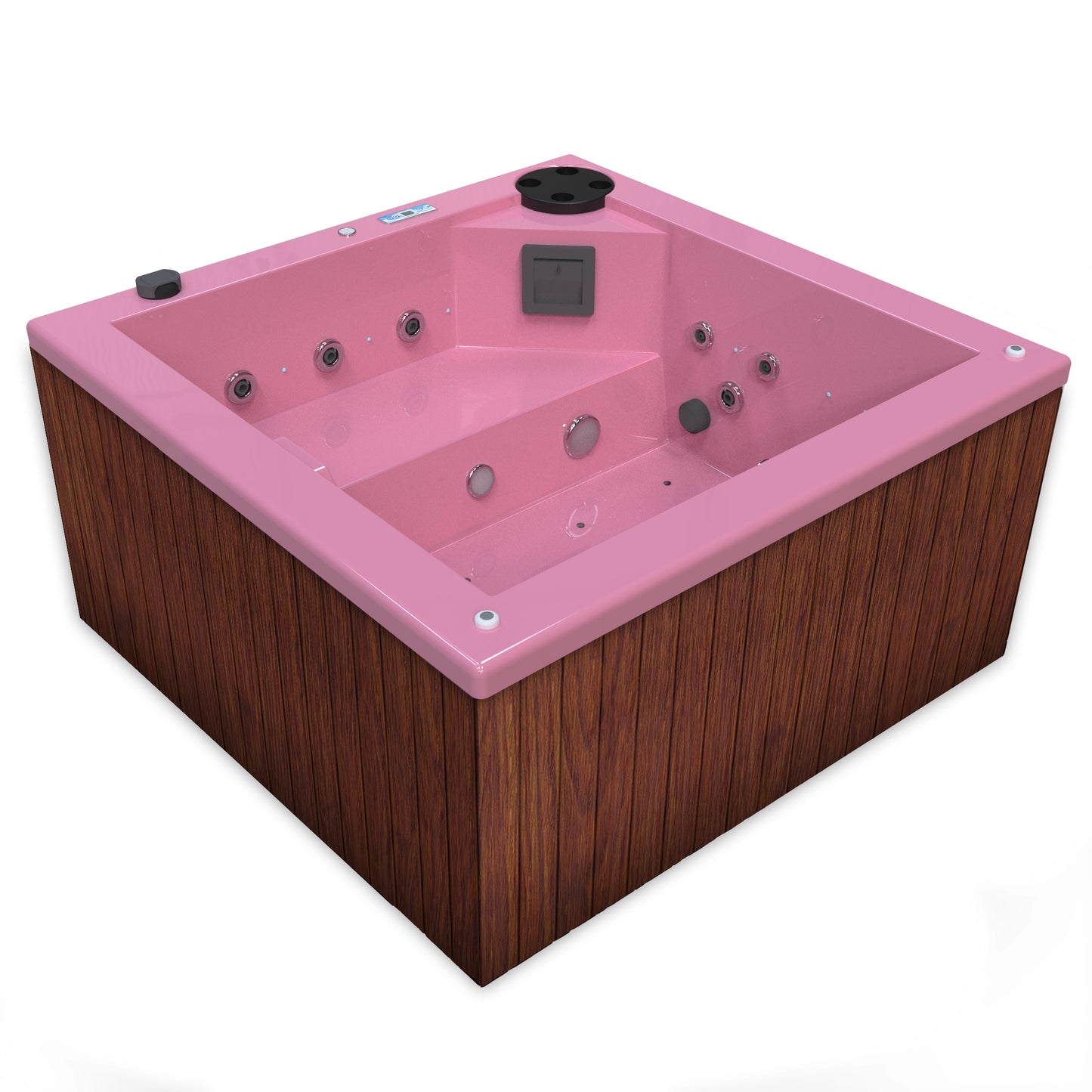 jacuzzi spa FIJI para 2 adultos, gabinete madera sintética cafe obscuro con acrílico color rosa fresa; spa exterior compacto ideal para patios, terrazas, rooftops o espacios reducidos de lujo