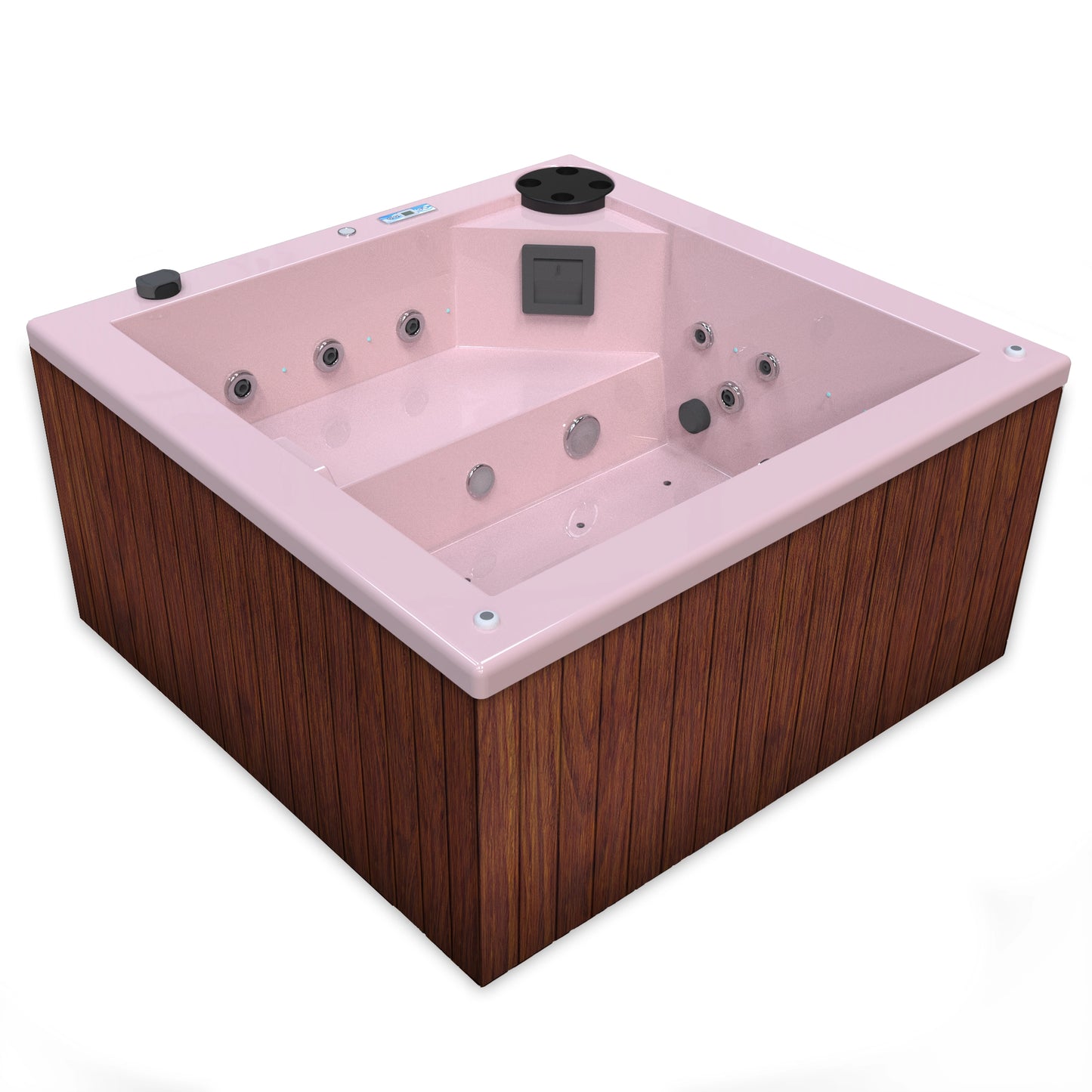 jacuzzi spa FIJI para 2 adultos, gabinete madera sintética cafe claro con acrílico color rosa fuerte; spa exterior compacto ideal para patios, terrazas, rooftops o espacios reducidos de lujo