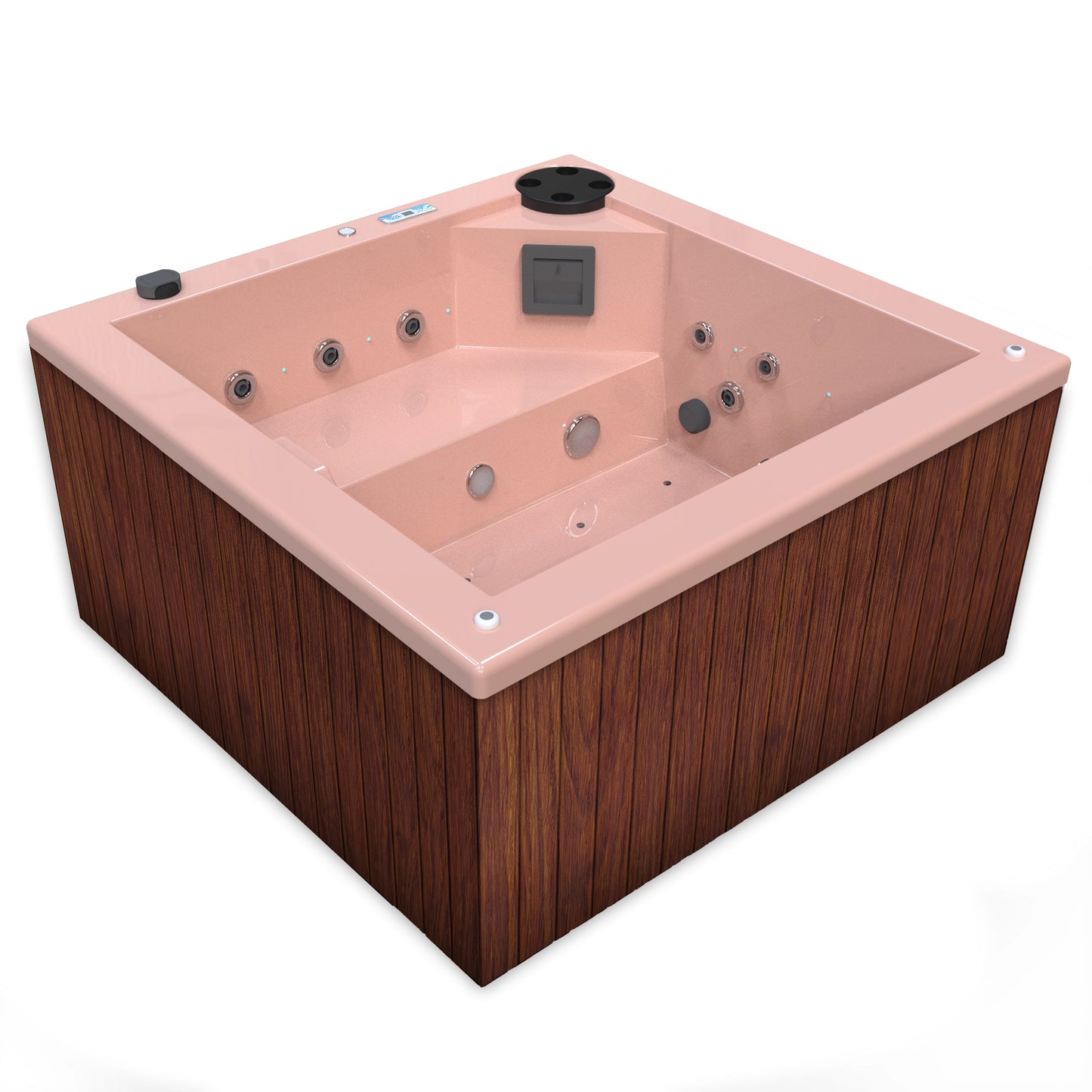 jacuzzi spa FIJI para 2 adultos, gabinete madera sintética cafe claro con acrílico color salmon; spa exterior compacto ideal para patios, terrazas, rooftops o espacios reducidos de lujo