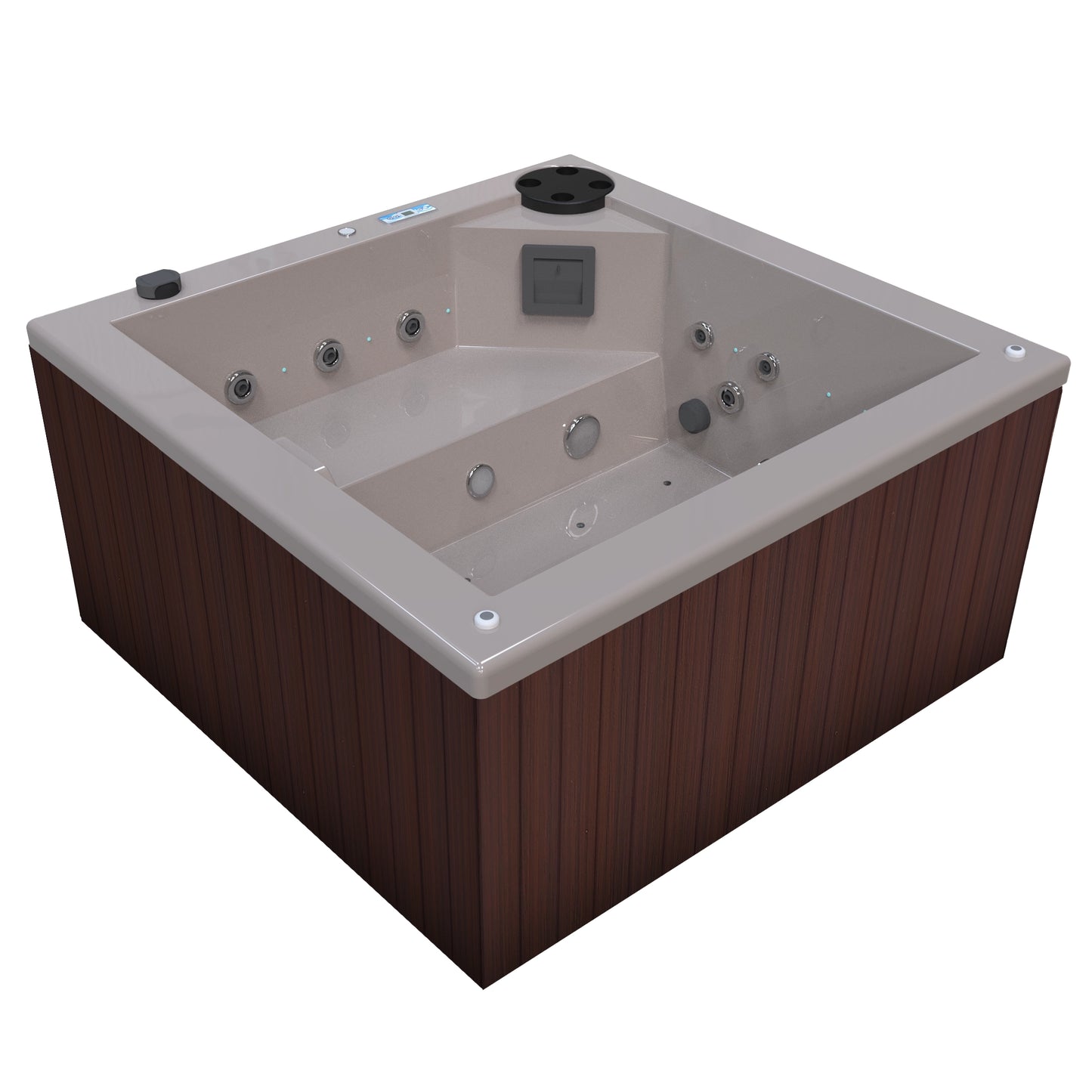 jacuzzi spa FIJI para 2 adultos, gabinete madera sintética cafe obscuro con acrílico color arena; spa exterior compacto ideal para patios, terrazas, rooftops o espacios reducidos de lujo