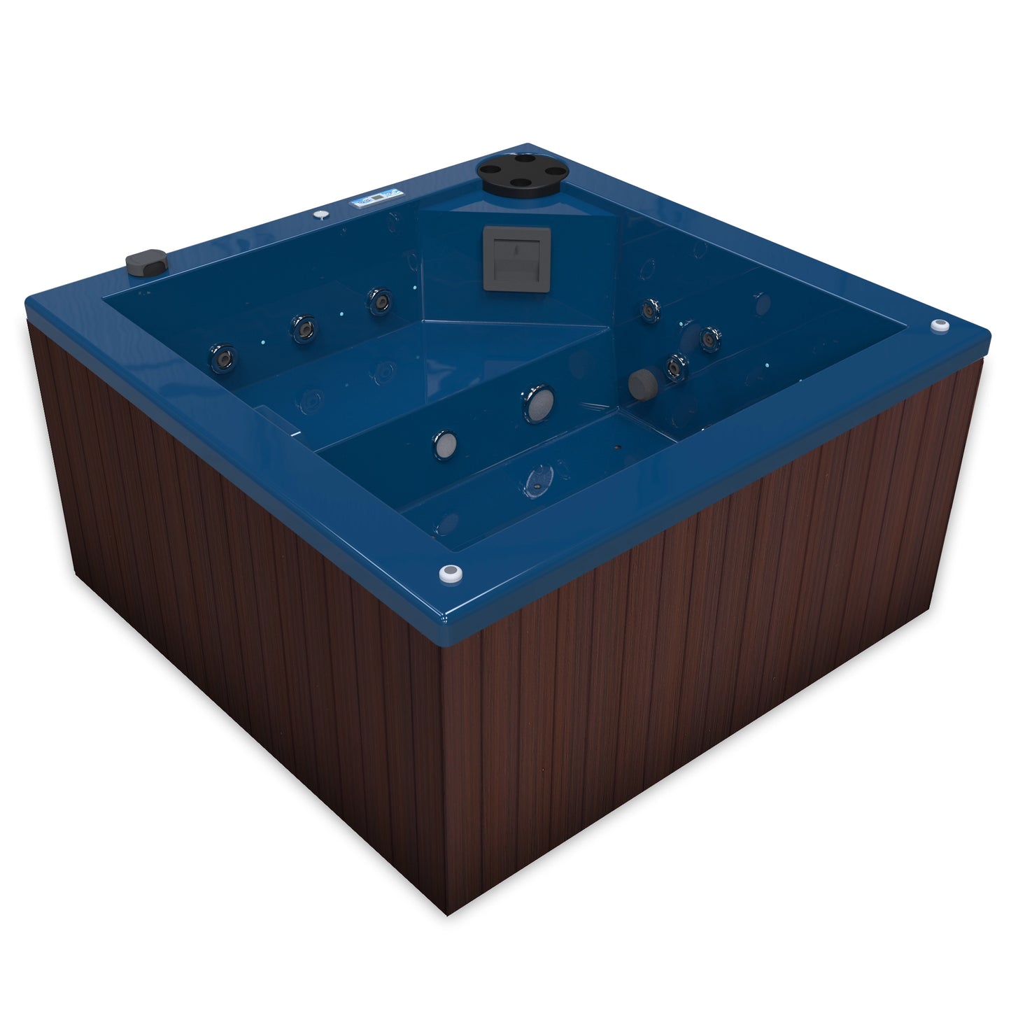 jacuzzi spa FIJI para 2 adultos, gabinete madera sintética cafe obscuro con acrílico color azul adriatico; spa exterior compacto ideal para patios, terrazas, rooftops o espacios reducidos de lujo