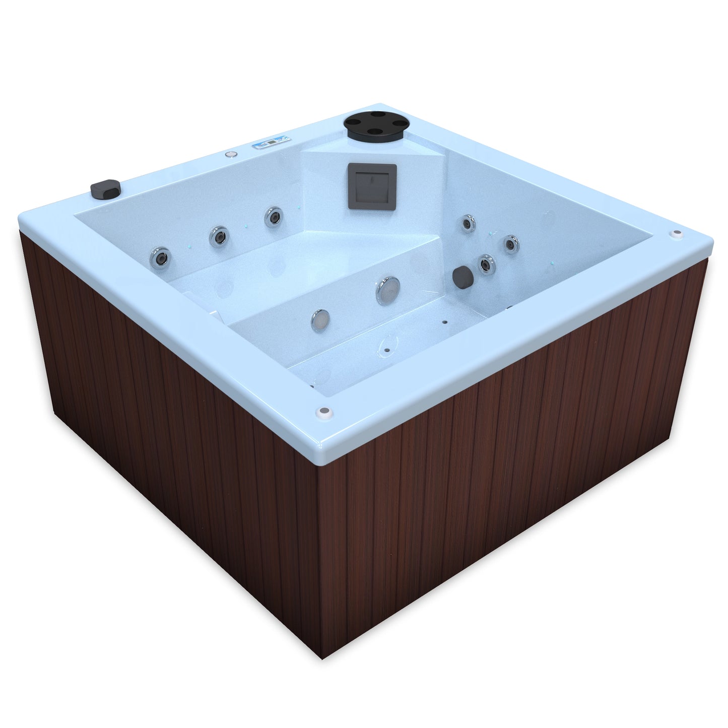 jacuzzi spa FIJI para 2 adultos, gabinete madera sintética cafe obscuro con acrílico color azul claro; spa exterior compacto ideal para patios, terrazas, rooftops o espacios reducidos de lujo