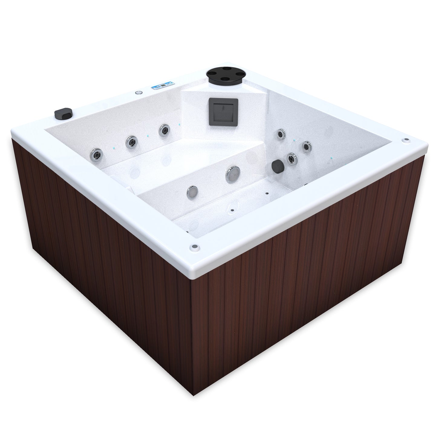 jacuzzi spa FIJI para 2 adultos, gabinete madera sintética cafe obscuro con acrílico color blanco; spa exterior compacto ideal para patios, terrazas, rooftops o espacios reducidos de lujo