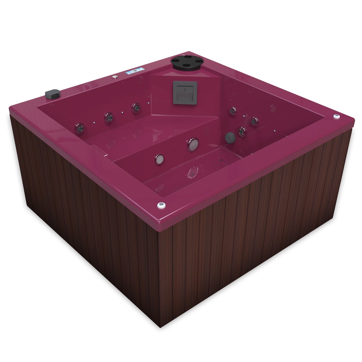 jacuzzi spa FIJI para 2 adultos, gabinete madera sintética cafe obscuro con acrílico color coral; spa exterior compacto ideal para patios, terrazas, rooftops o espacios reducidos de lujo