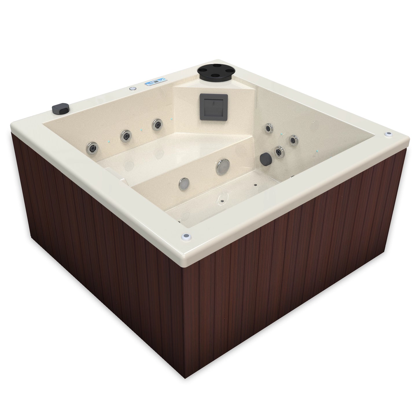 jacuzzi spa FIJI para 2 adultos, gabinete madera sintética cafe obscuro con acrílico color hueso; spa exterior compacto ideal para patios, terrazas, rooftops o espacios reducidos de lujo