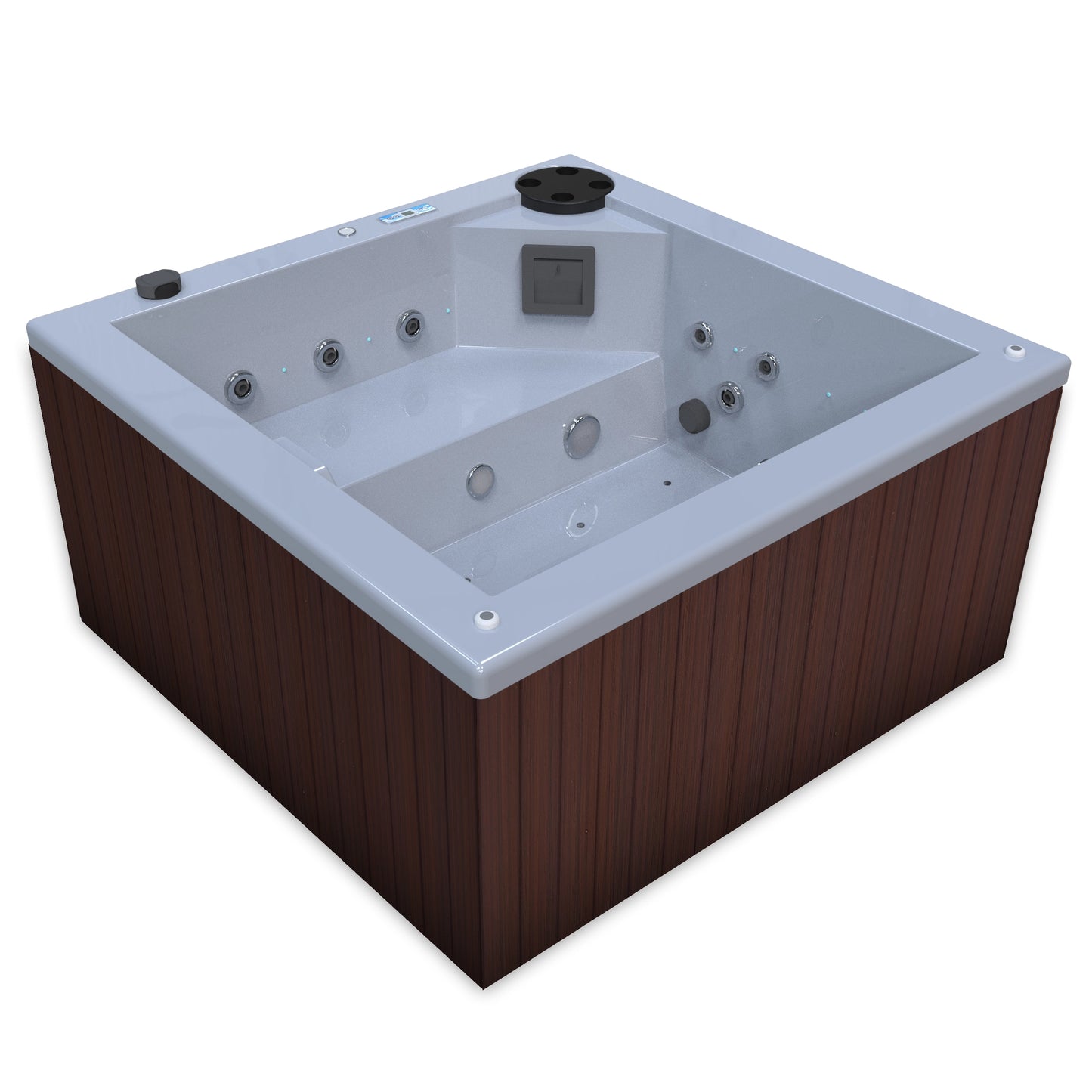 jacuzzi spa FIJI para 2 adultos, gabinete madera sintética cafe obscuro con acrílico color platino; spa exterior compacto ideal para patios, terrazas, rooftops o espacios reducidos de lujo
