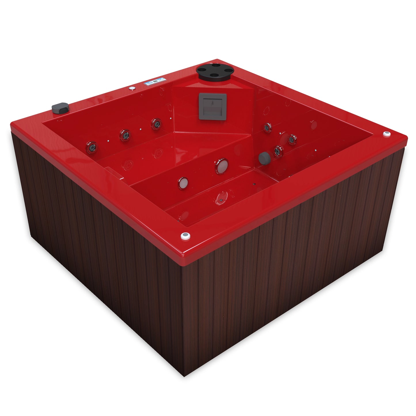 jacuzzi spa FIJI para 2 adultos, gabinete madera sintética cafe obscuro con acrílico color rojo cereza; spa exterior compacto ideal para patios, terrazas, rooftops o espacios reducidos de lujo
