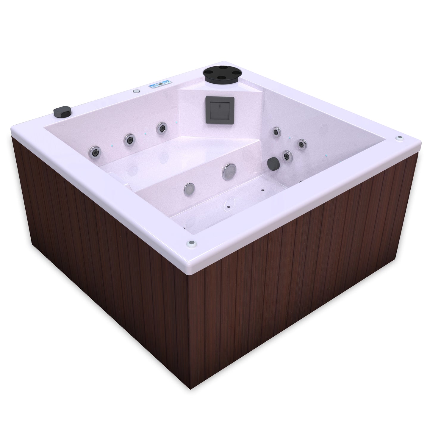 jacuzzi spa FIJI para 2 adultos, gabinete madera sintética cafe obscuro con acrílico color rosa claro; spa exterior compacto ideal para patios, terrazas, rooftops o espacios reducidos de lujo