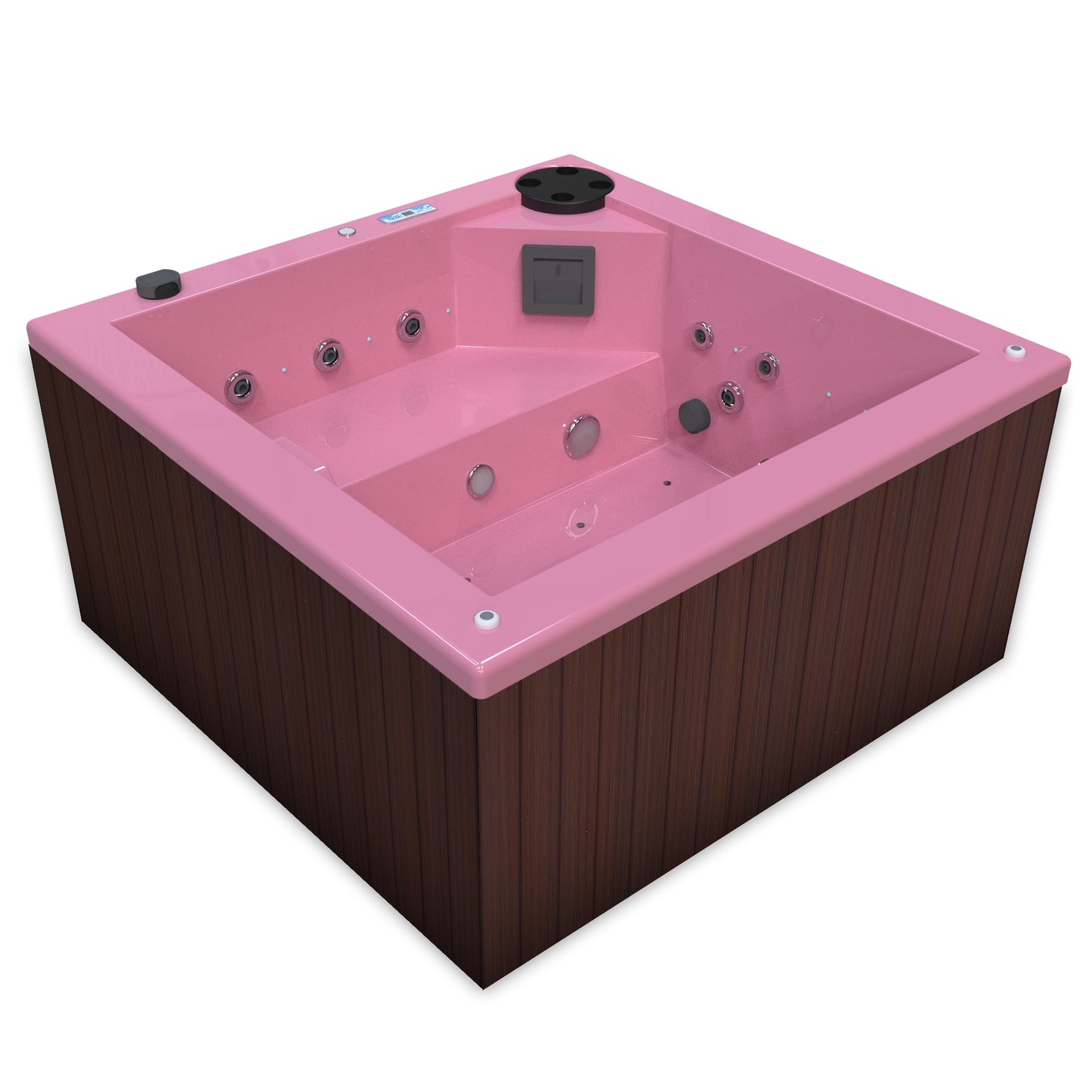 jacuzzi spa FIJI para 2 adultos, gabinete madera sintética cafe claro con acrílico color rosa fresa; spa exterior compacto ideal para patios, terrazas, rooftops o espacios reducidos de lujo