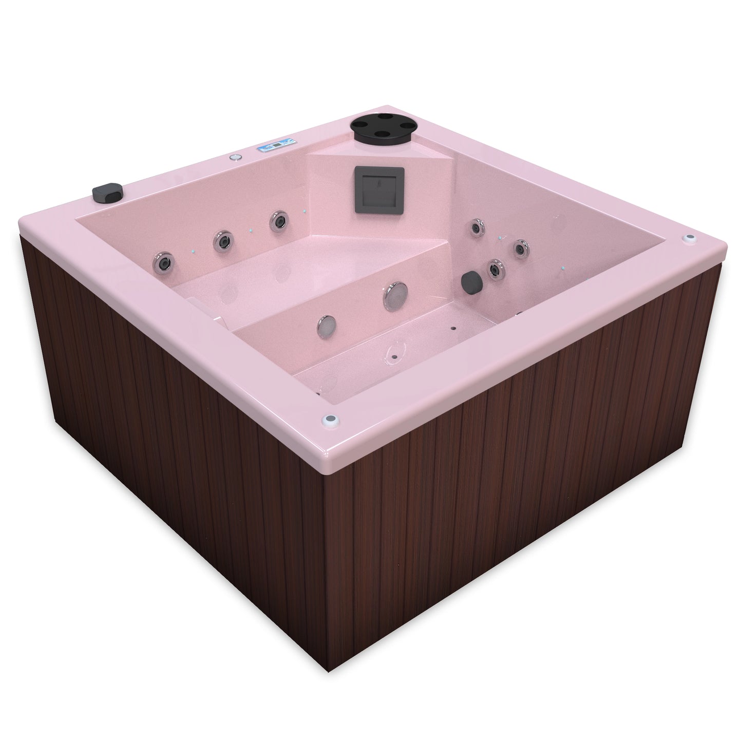 jacuzzi spa FIJI para 2 adultos, gabinete madera sintética cafe obscuro con acrílico color rosa fuerte; spa exterior compacto ideal para patios, terrazas, rooftops o espacios reducidos de lujo