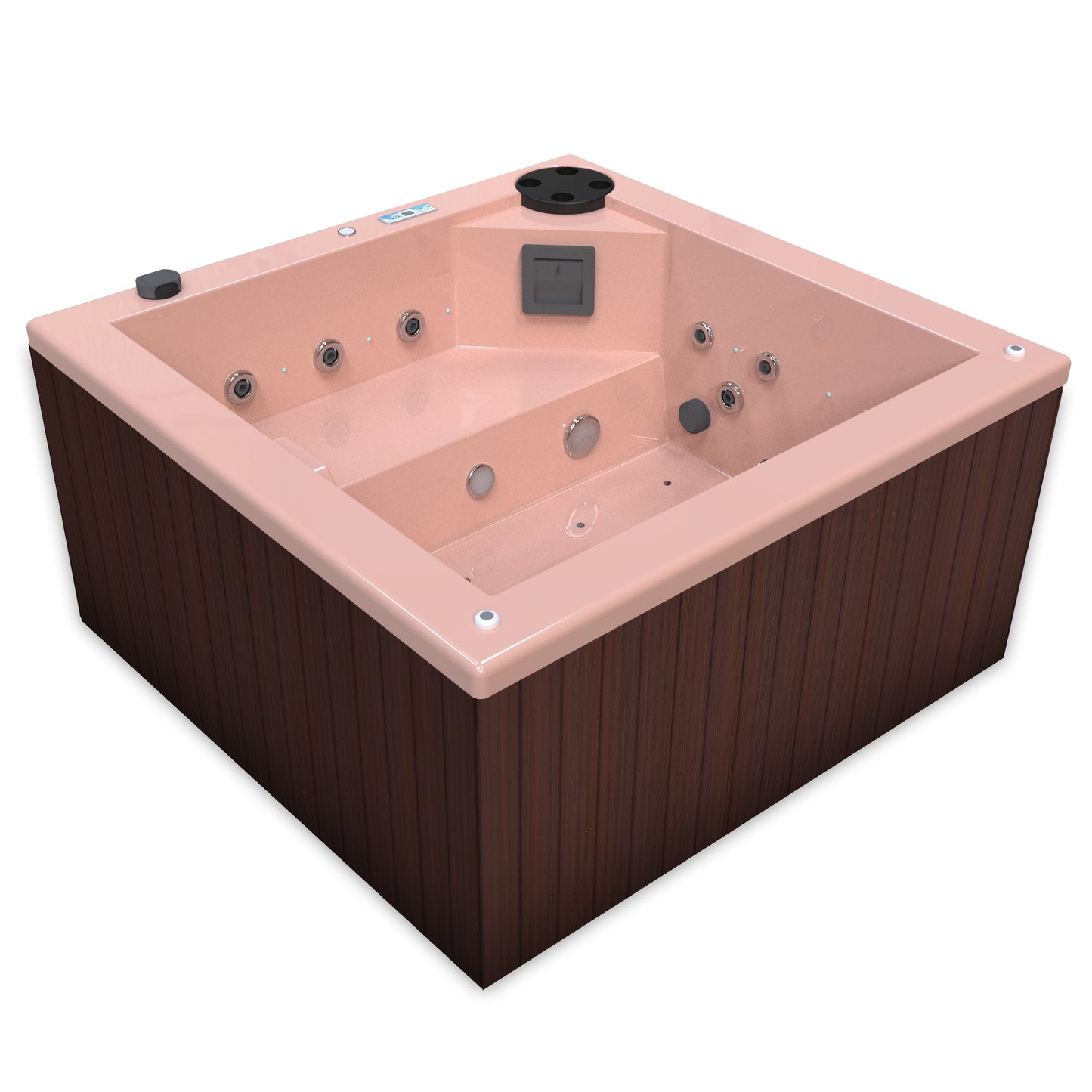 jacuzzi spa FIJI para 2 adultos, gabinete madera sintética cafe obscuro con acrílico color salmon; spa exterior compacto ideal para patios, terrazas, rooftops o espacios reducidos de lujo