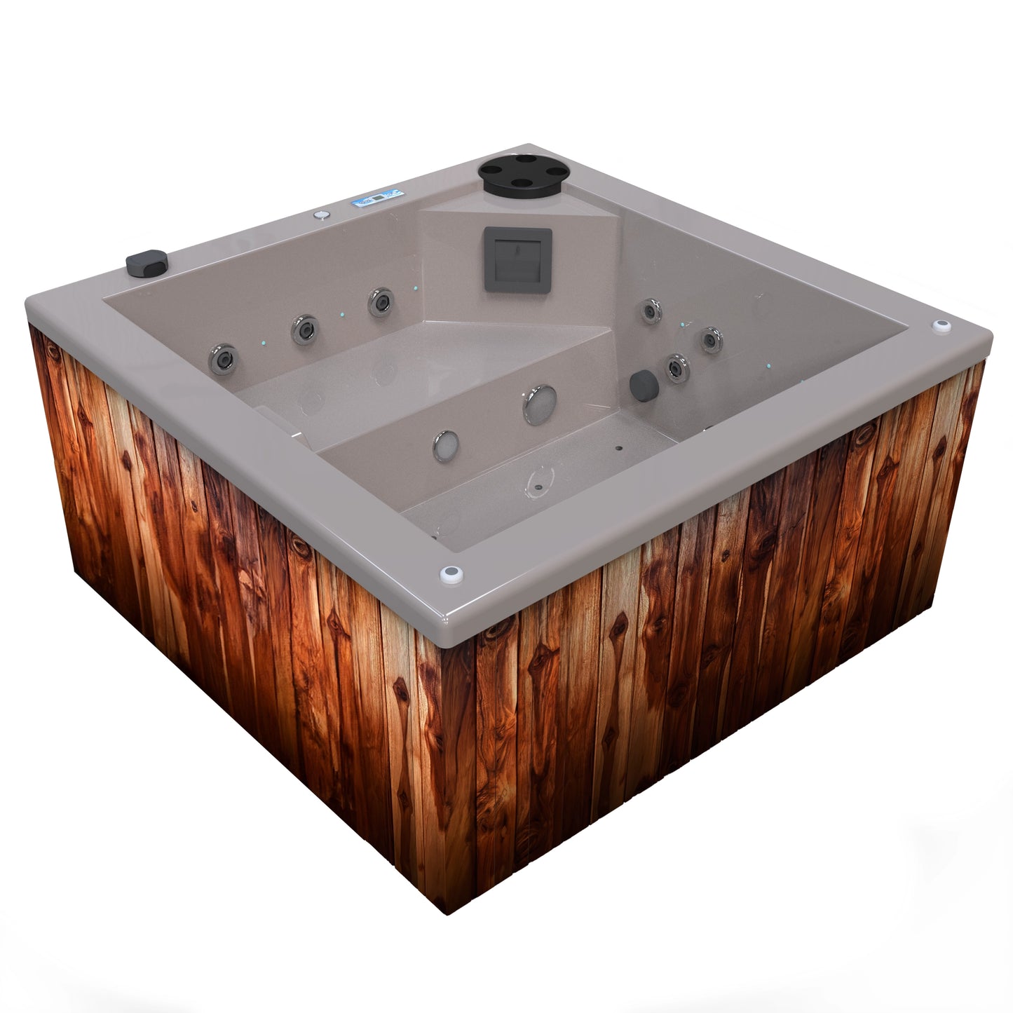jacuzzi spa FIJI para 2 adultos, gabinete madera teca con acrílico color arena; spa exterior compacto ideal para patios, terrazas, rooftops o espacios reducidos de lujo