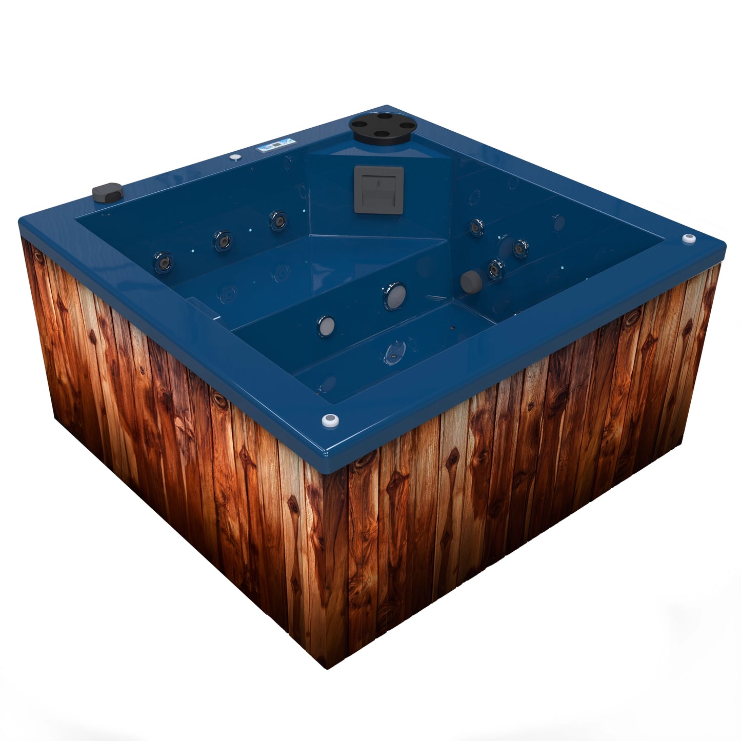 jacuzzi spa FIJI para 2 adultos, gabinete madera teca con acrílico color azul adriatico; spa exterior compacto ideal para patios, terrazas, rooftops o espacios reducidos de lujo