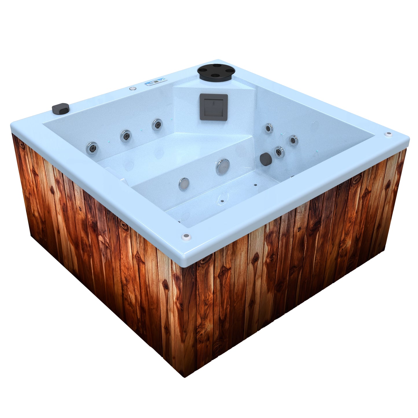 jacuzzi spa FIJI para 2 adultos, gabinete madera teca con acrílico color azul claro; spa exterior compacto ideal para patios, terrazas, rooftops o espacios reducidos de lujo
