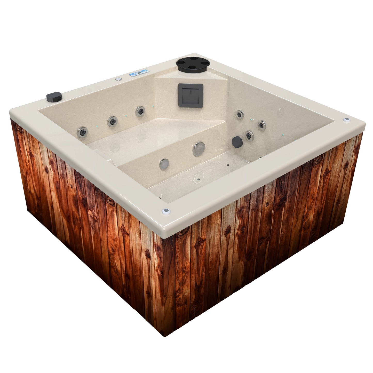jacuzzi spa FIJI para 2 adultos, gabinete madera teca con acrílico color beige nuevo; spa exterior compacto ideal para patios, terrazas, rooftops o espacios reducidos de lujo