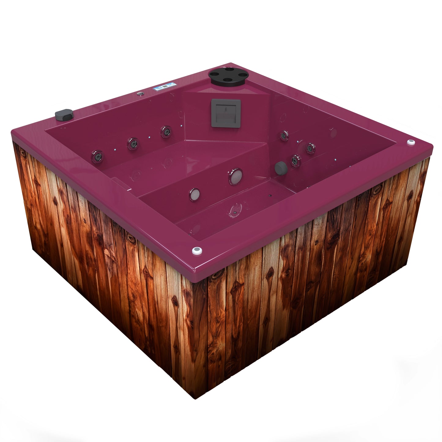 jacuzzi spa FIJI para 2 adultos, gabinete madera teca con acrílico color coral; spa exterior compacto ideal para patios, terrazas, rooftops o espacios reducidos de lujo
