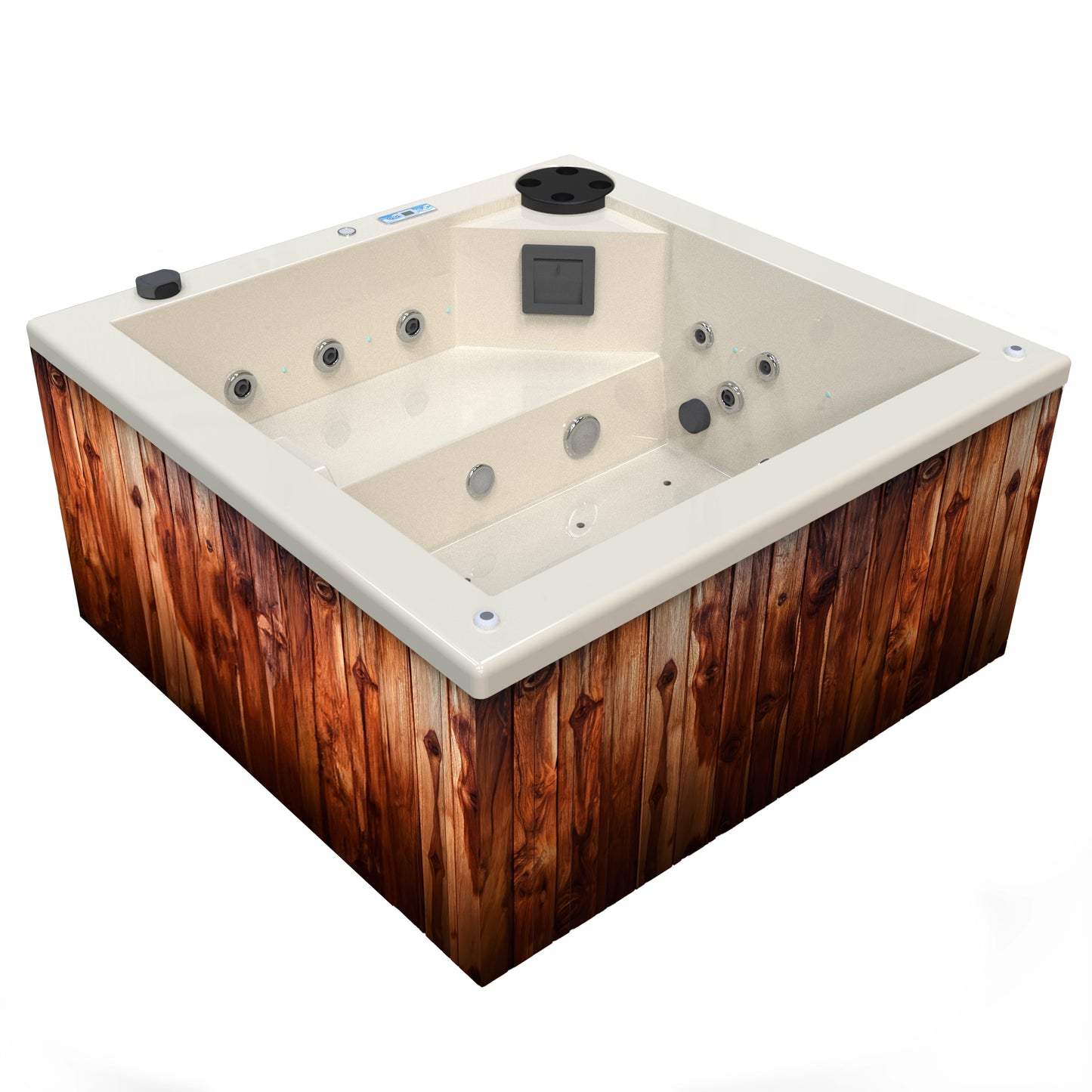 jacuzzi spa FIJI para 2 adultos, gabinete madera teca con acrílico color hueso; spa exterior compacto ideal para patios, terrazas, rooftops o espacios reducidos de lujo