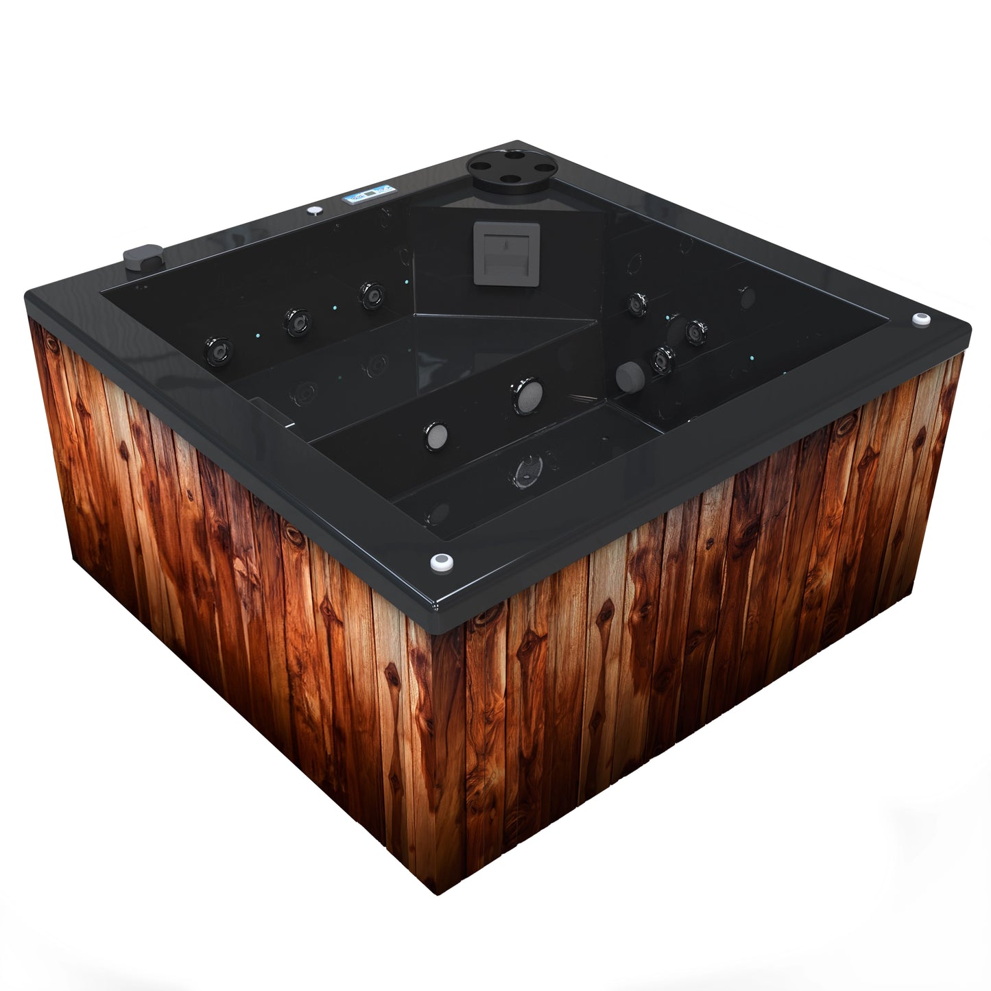 jacuzzi spa FIJI para 2 adultos, gabinete madera teca con acrílico color negro; spa exterior compacto ideal para patios, terrazas, rooftops o espacios reducidos de lujo