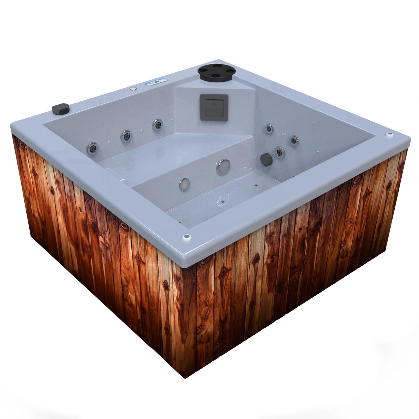 jacuzzi spa FIJI para 2 adultos, gabinete madera teca con acrílico color platino; spa exterior compacto ideal para patios, terrazas, rooftops o espacios reducidos de lujo