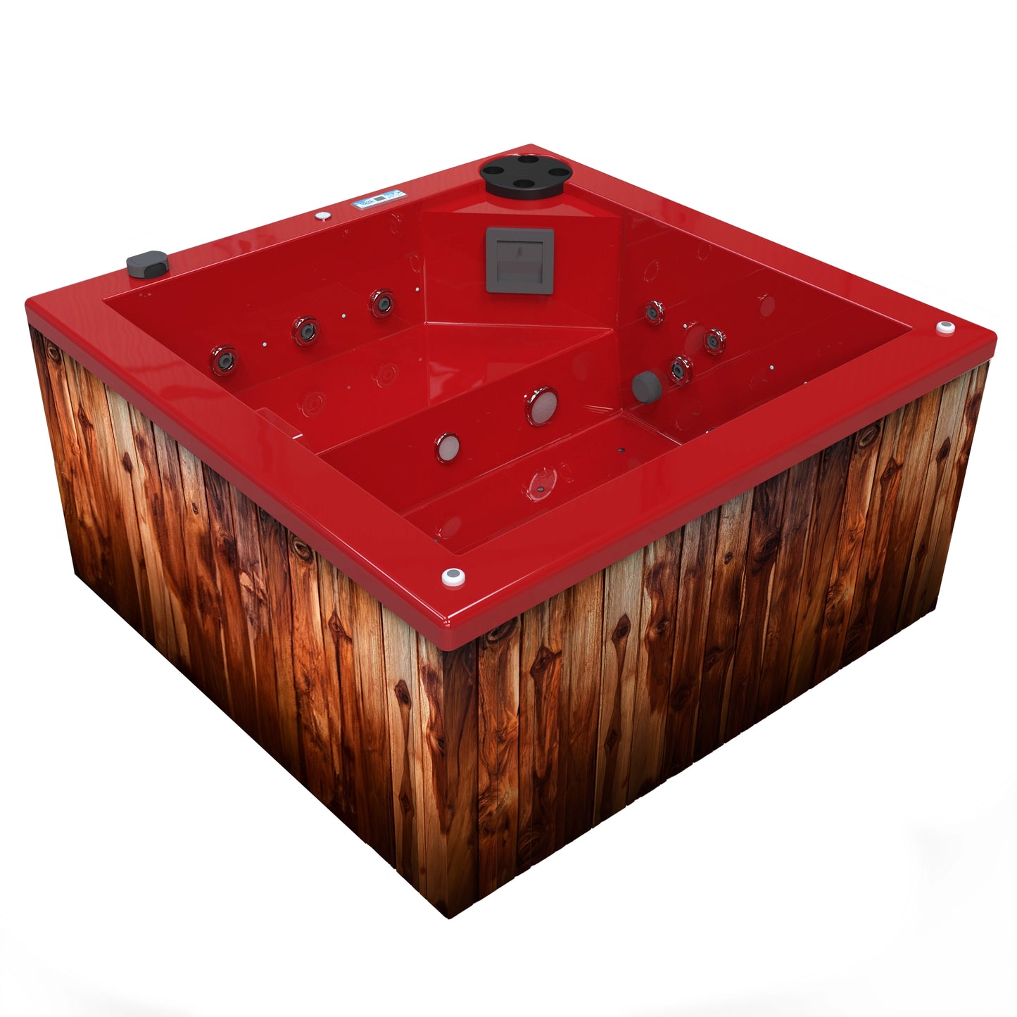 jacuzzi spa FIJI para 2 adultos, gabinete madera teca con acrílico color rojo cereza; spa exterior compacto ideal para patios, terrazas, rooftops o espacios reducidos de lujo